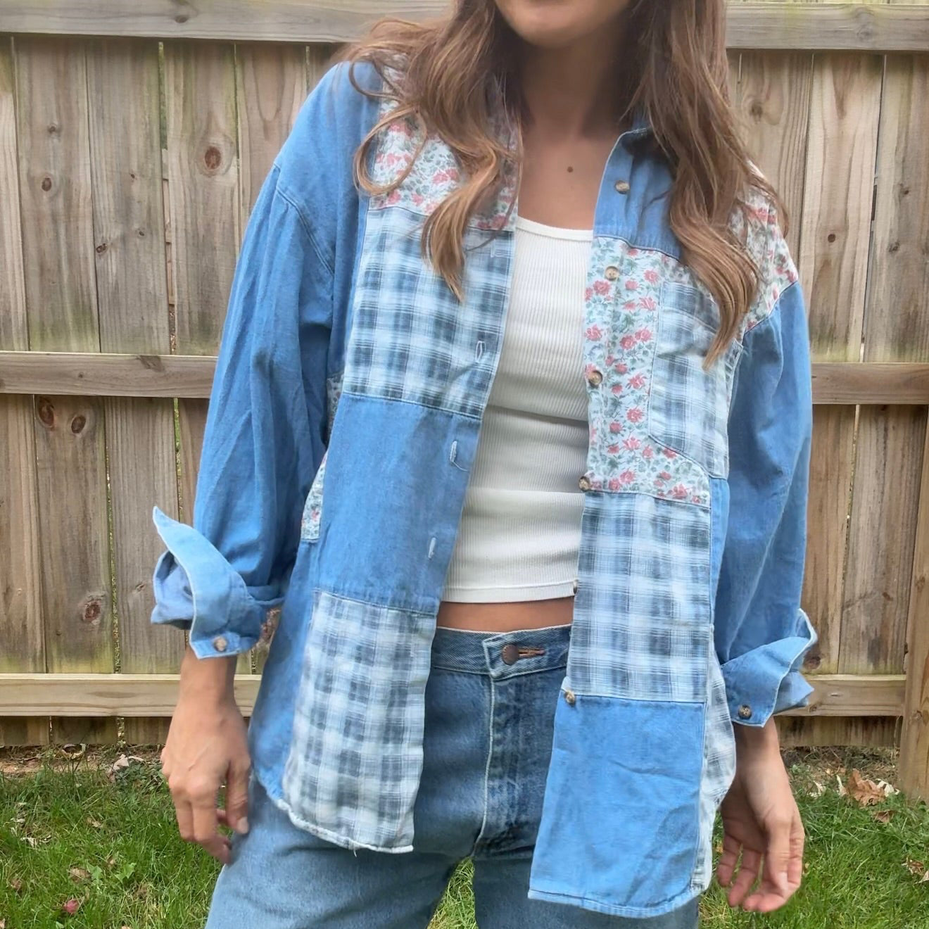 Vintage Patchwork Denim Button Up Floral & Plaid Chambray Shirt