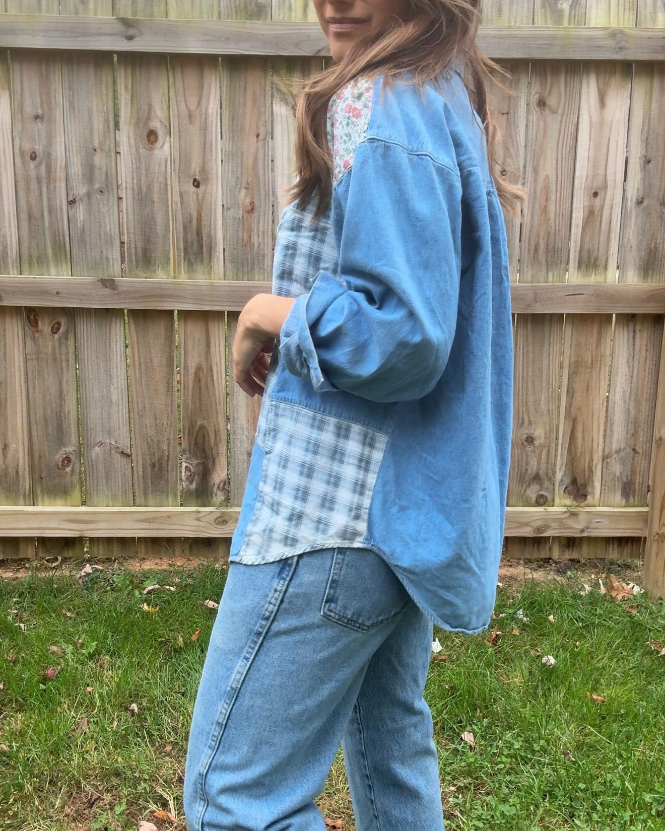 Vintage Patchwork Denim Button Up Floral & Plaid Chambray Shirt