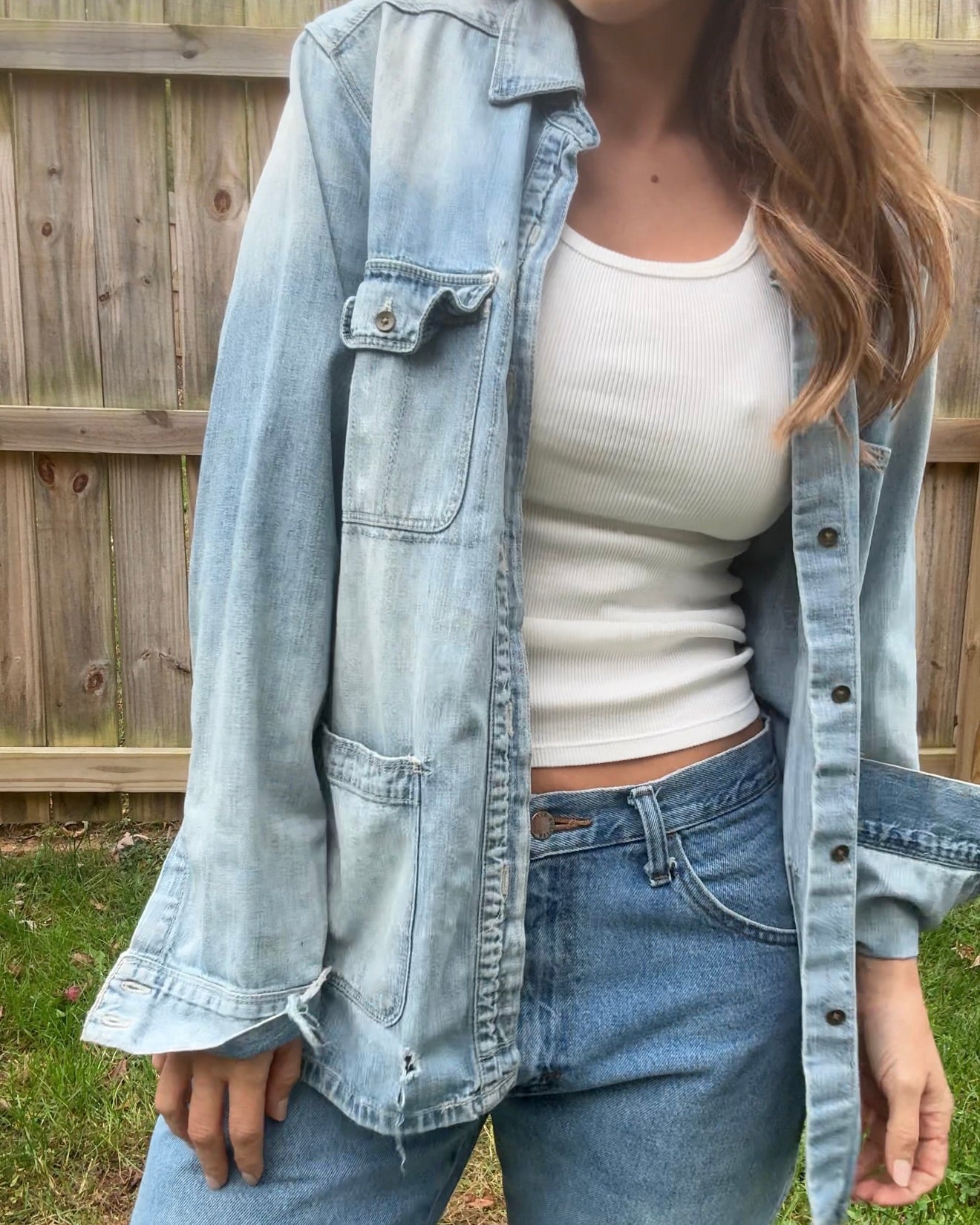 Madewell Denim Chore Jacket Light Wash Oversized Button Up Distressed