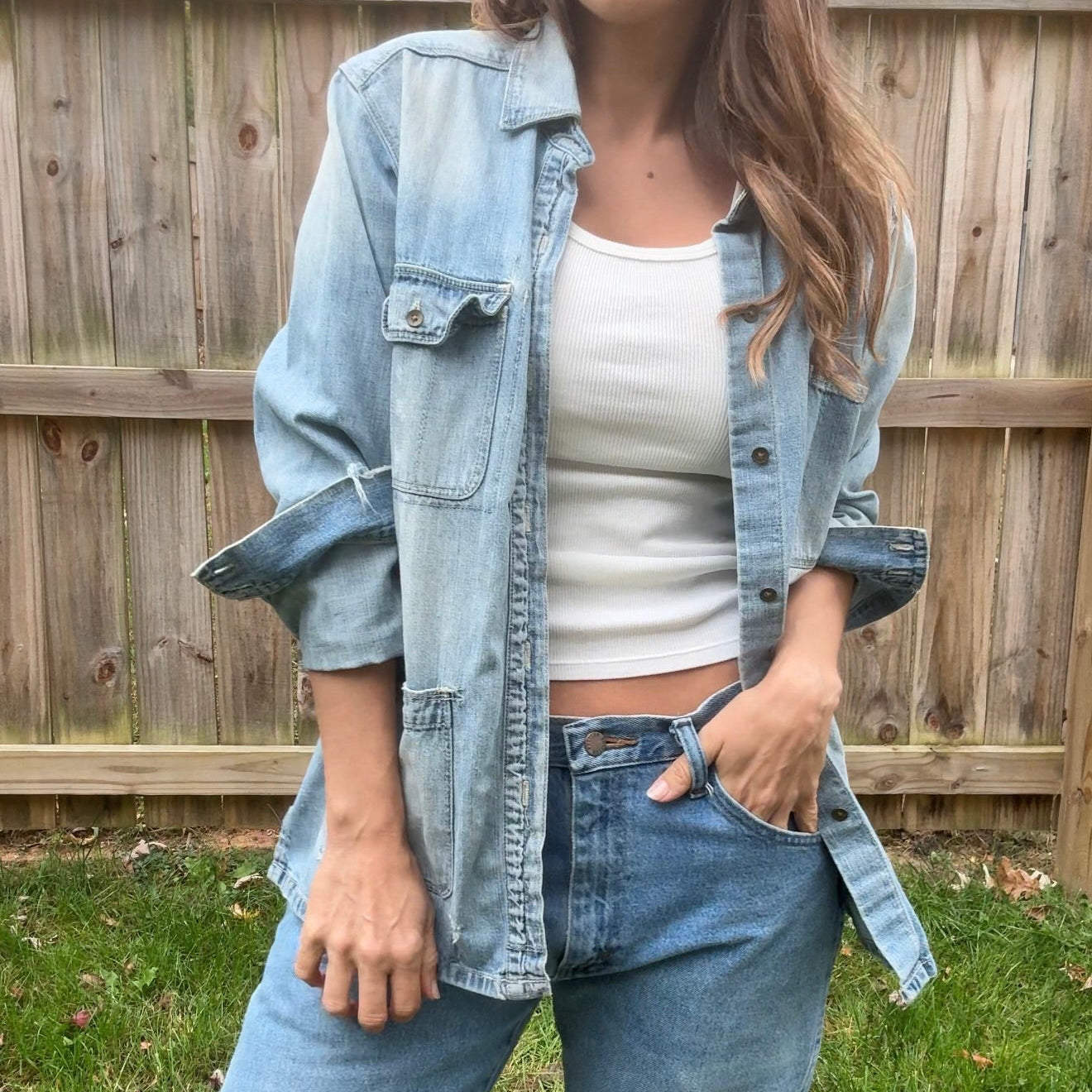 Madewell Denim Chore Jacket Light Wash Oversized Button Up Distressed