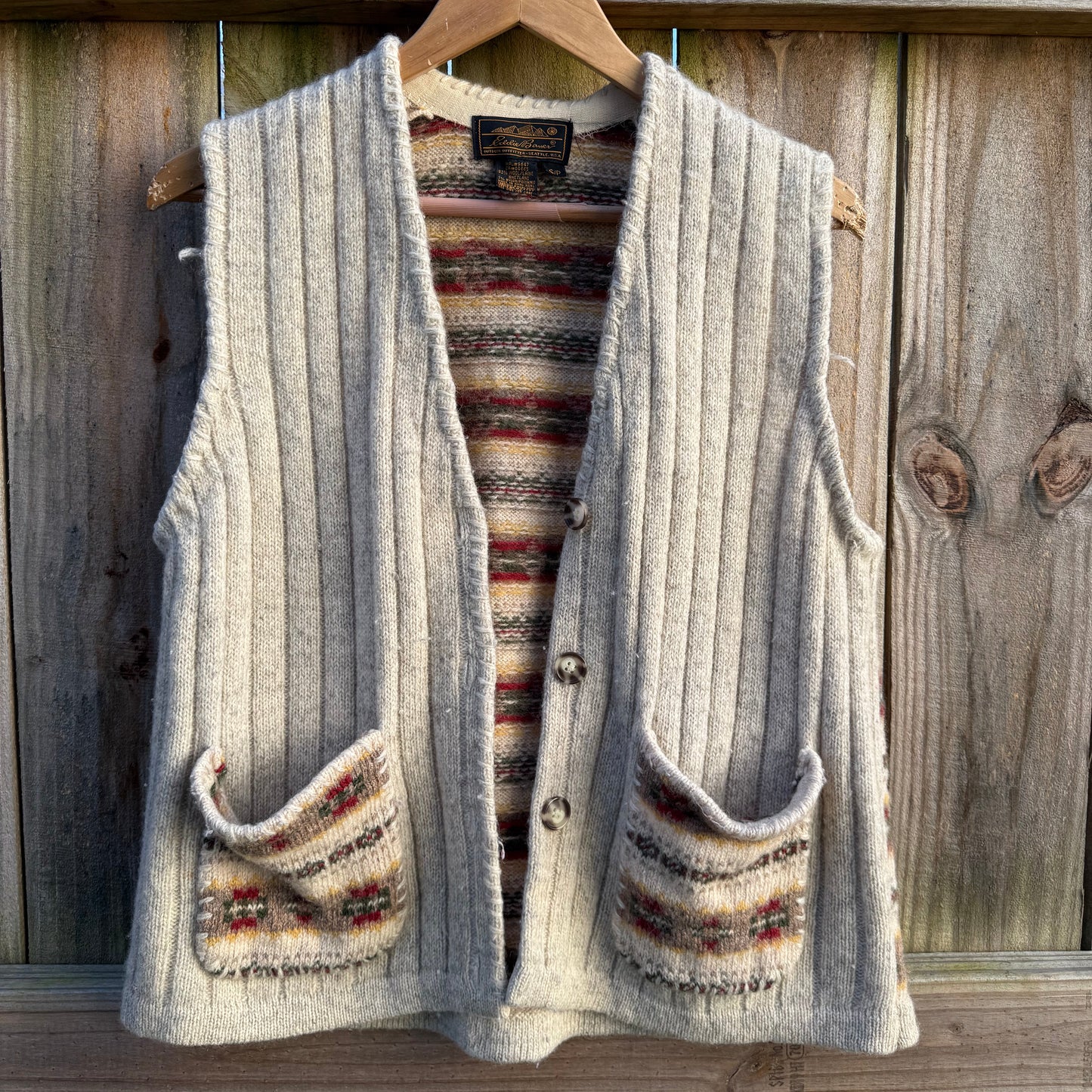 Vintage Eddie Bauer Wool Fair Isle Vest Shetland Knit Made in Hong Kong