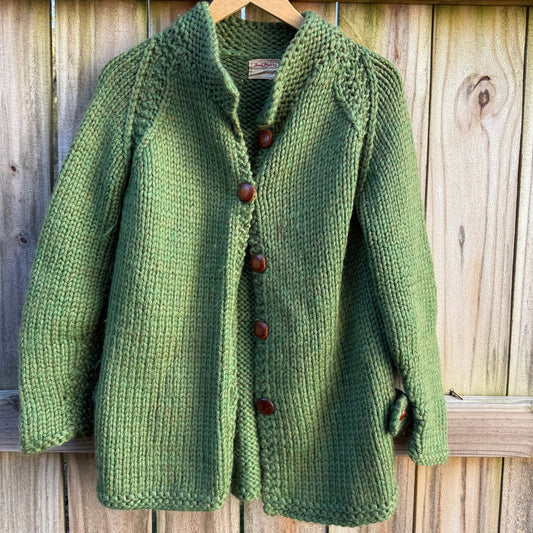 Vintage Hand-Knit Wool Cardigan Sweater Green Chunky Button Up Knit Jacket Heirloom