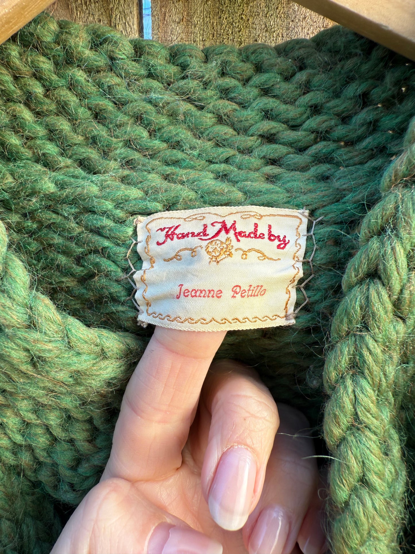 Vintage Hand-Knit Wool Cardigan Sweater Green Chunky Button Up Knit Jacket Heirloom