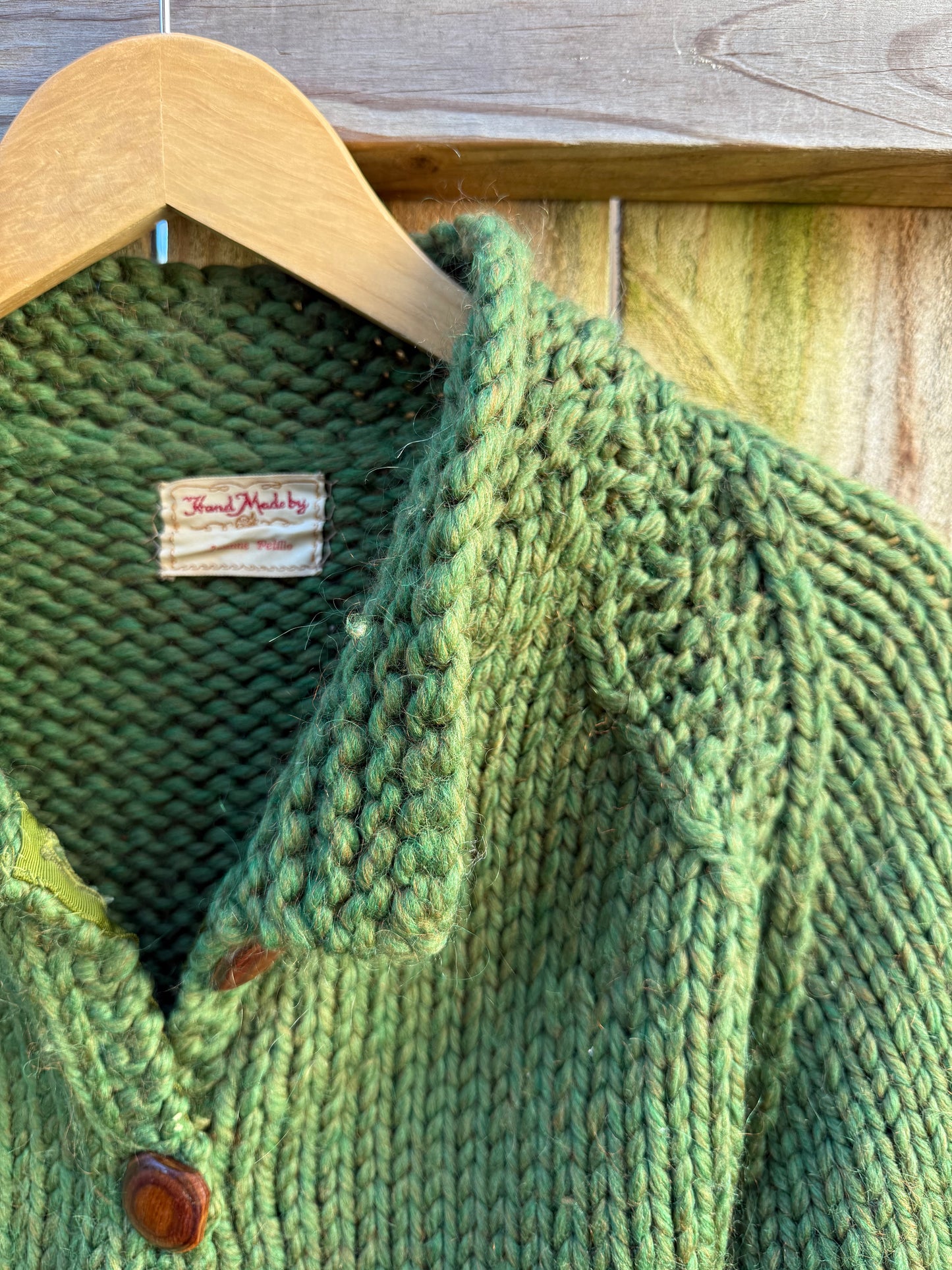 Vintage Hand-Knit Wool Cardigan Sweater Green Chunky Button Up Knit Jacket Heirloom