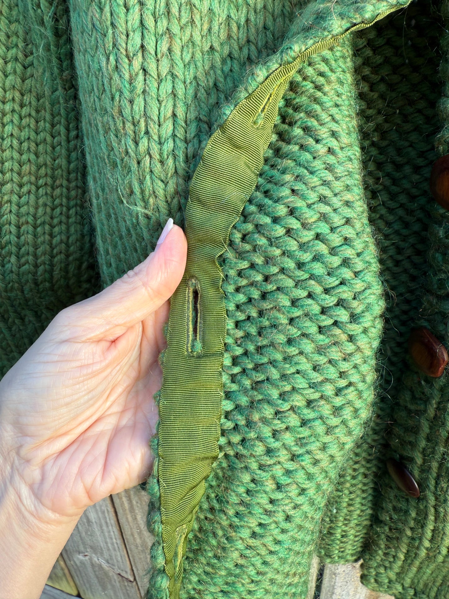 Vintage Hand-Knit Wool Cardigan Sweater Green Chunky Button Up Knit Jacket Heirloom