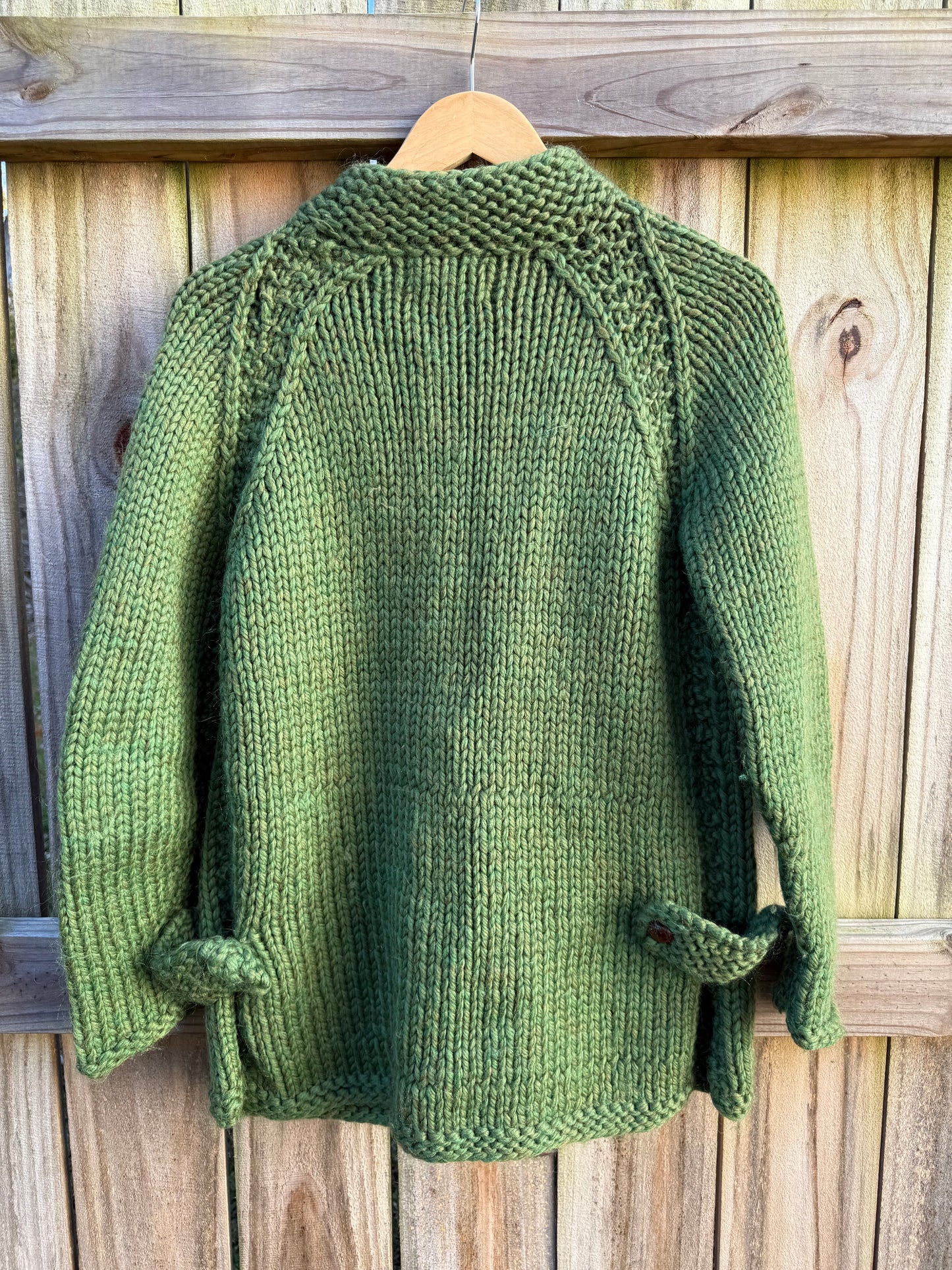 Vintage Hand-Knit Wool Cardigan Sweater Green Chunky Button Up Knit Jacket Heirloom