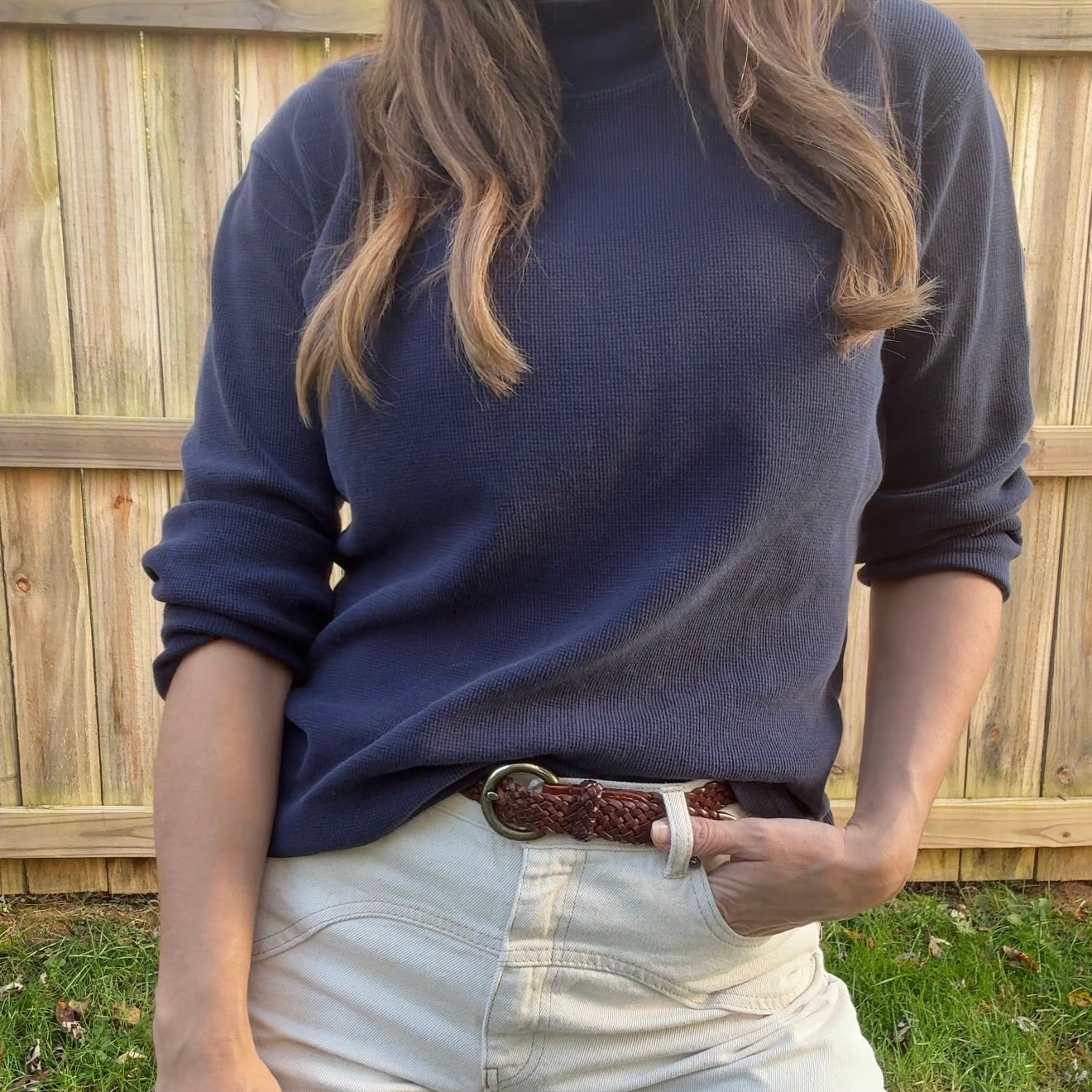 Vintage Talbots Navy Cotton Mock Neck Waffle Knit Top