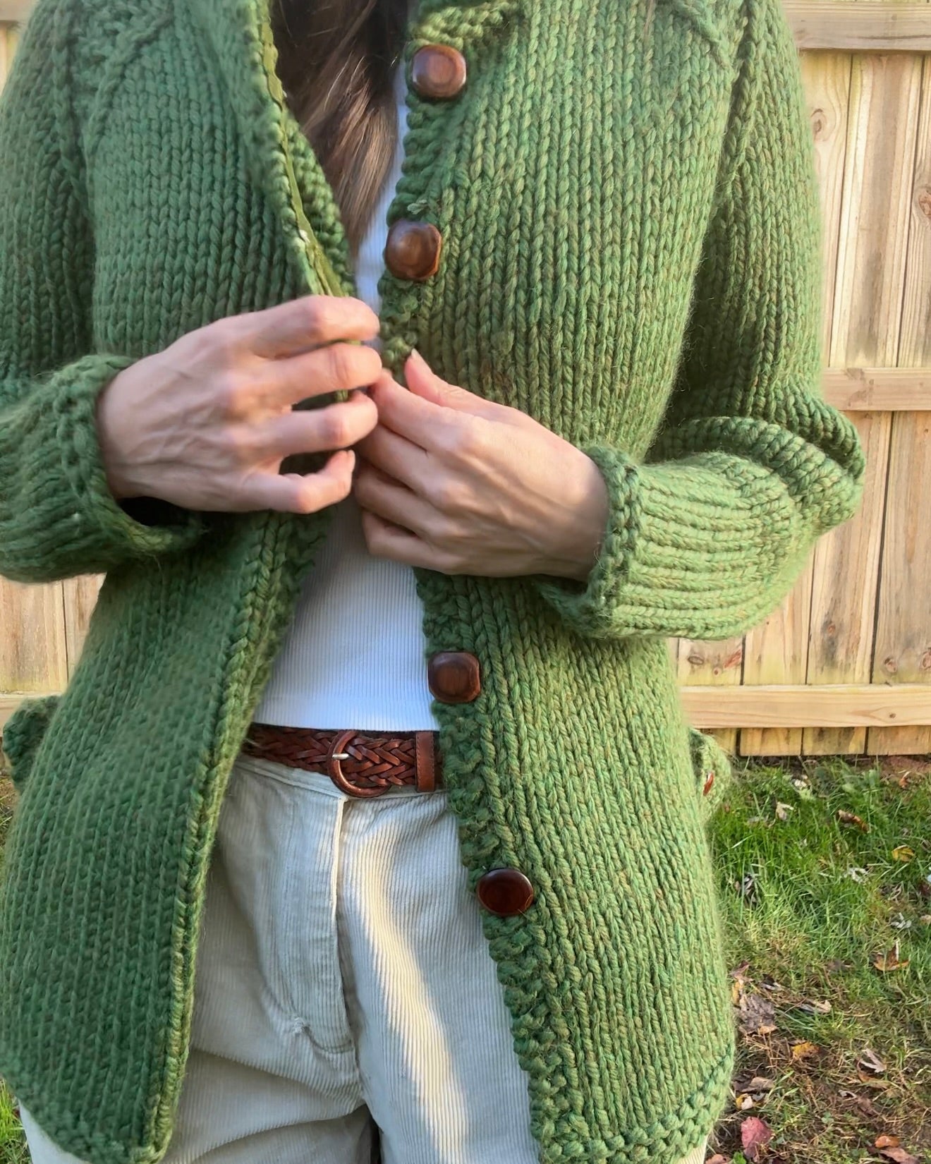 Vintage Hand-Knit Wool Cardigan Sweater Green Chunky Button Up Knit Jacket Heirloom