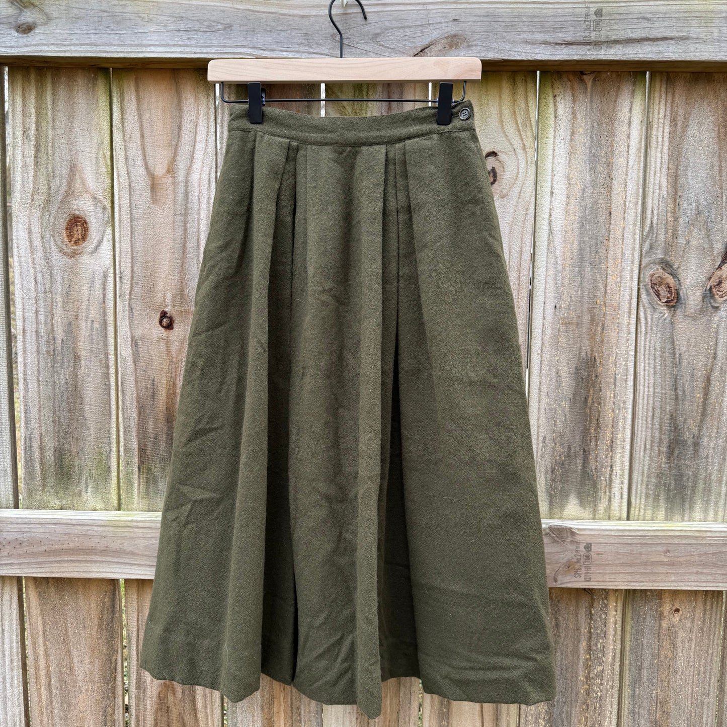 Vintage Olive Wool Pleated Midi Skirt