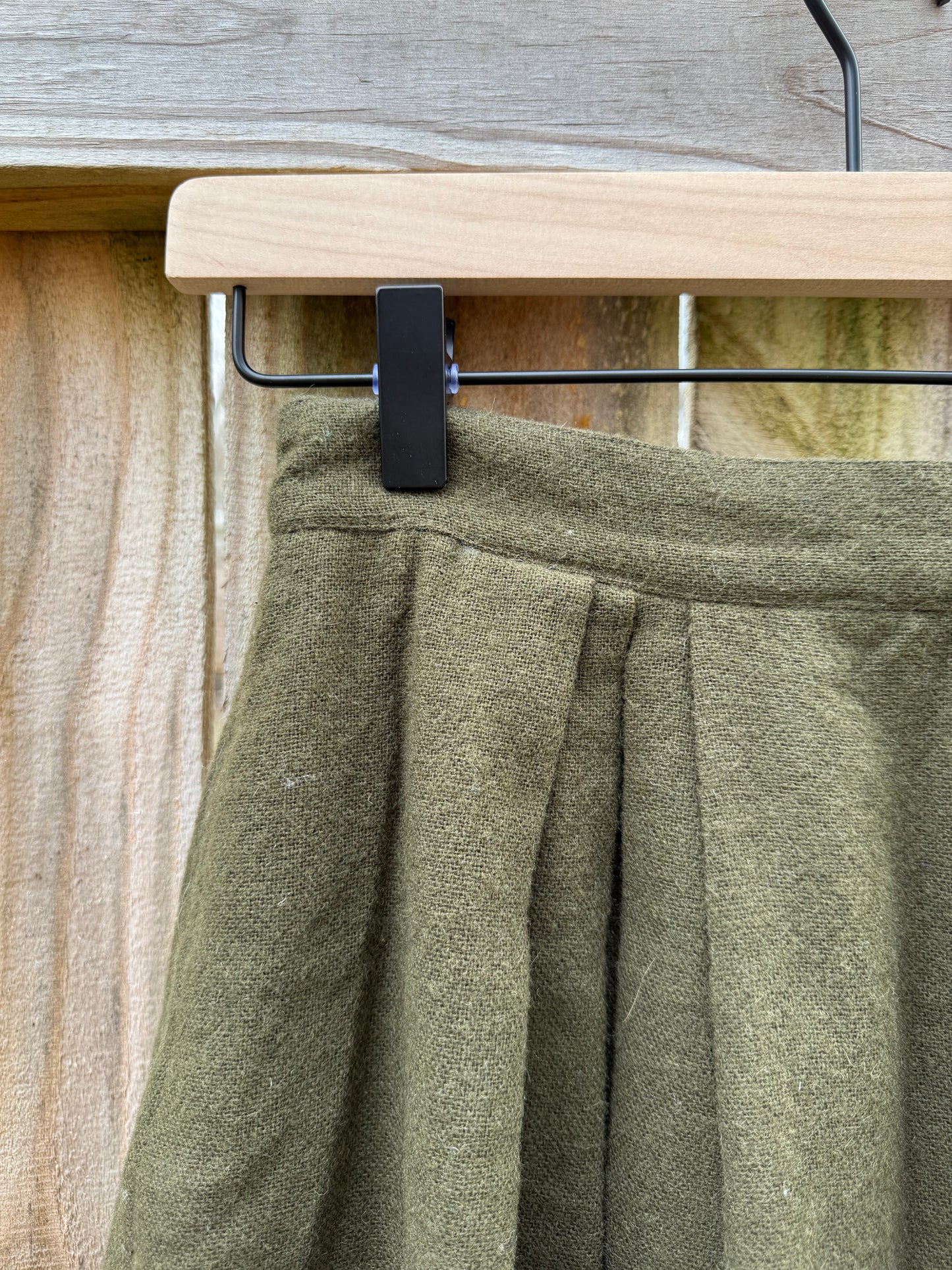 Vintage Olive Wool Pleated Midi Skirt