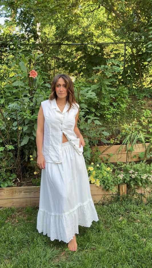 VINTAGE LINEN MAXI SKIRT WITH EYELET HEM — WHITE