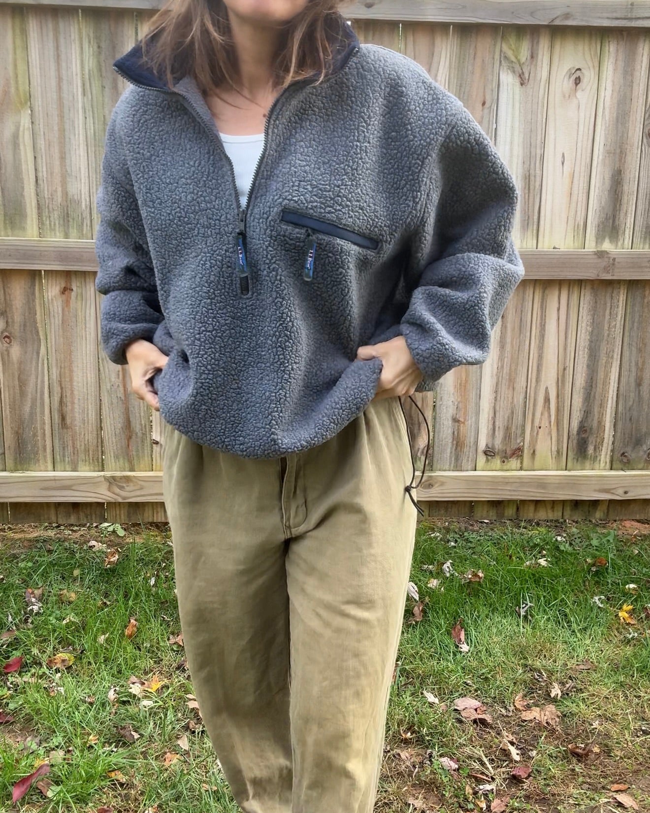 Vintage LL Bean Fleece Quarter Zip Pullover Gray Navy Trim (XL)