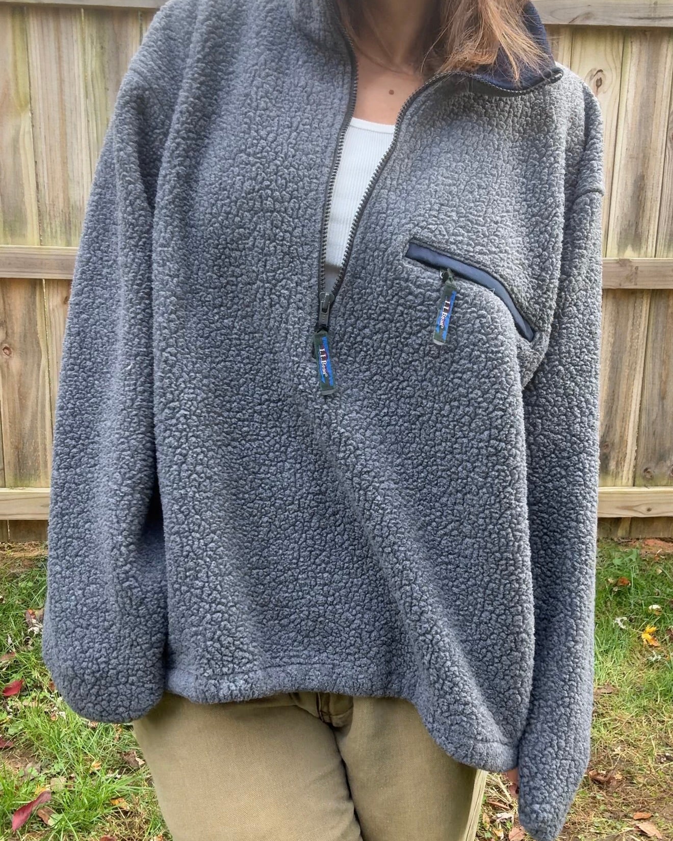 Vintage LL Bean Fleece Quarter Zip Pullover Gray Navy Trim (XL)