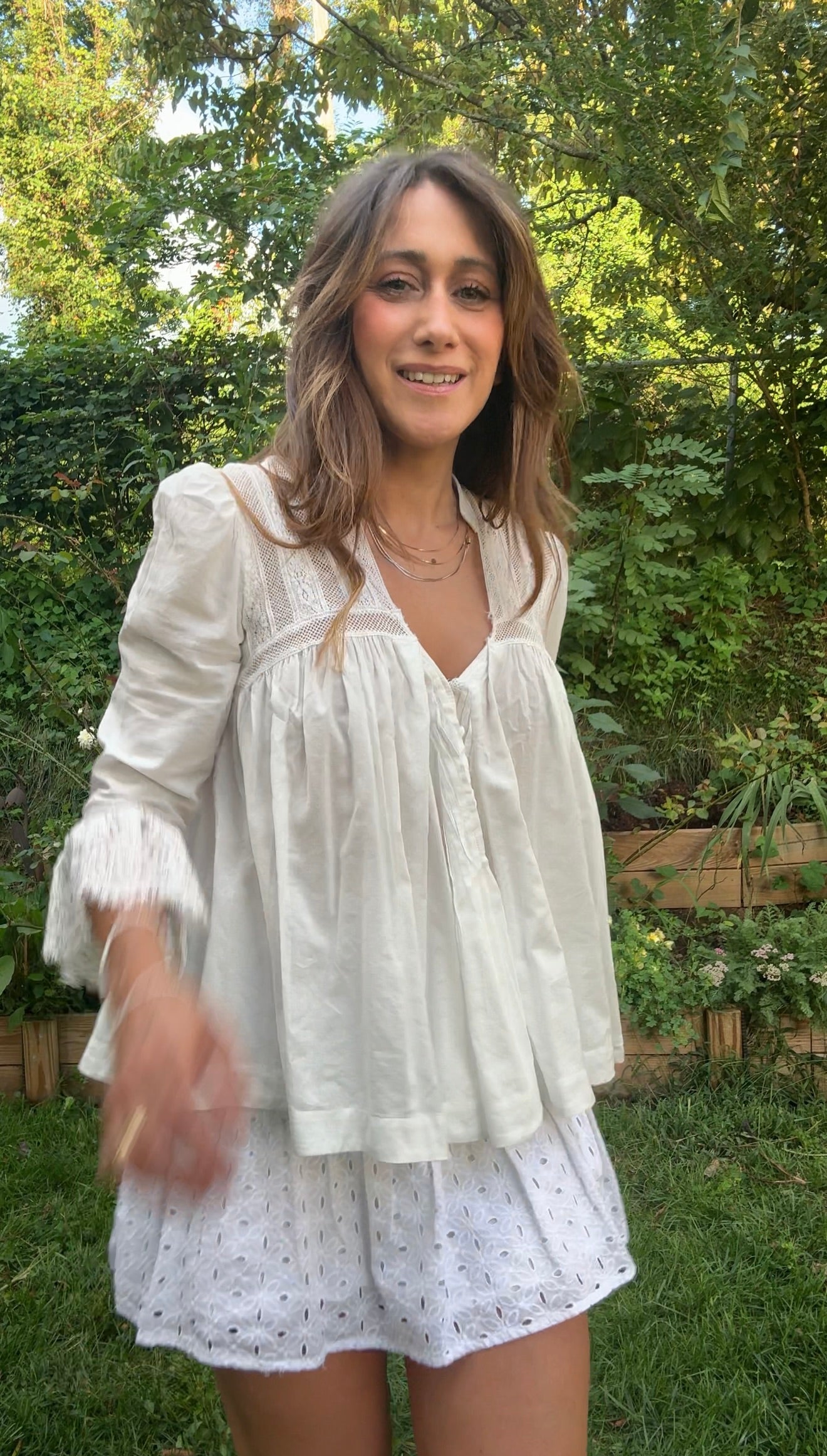 FREE PEOPLE LACE-PANELED BOHO BLOUSE — WHITE