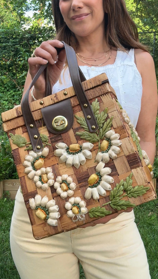 Vintage Woven Daisy Basket Bag — Sunday Honey Archive