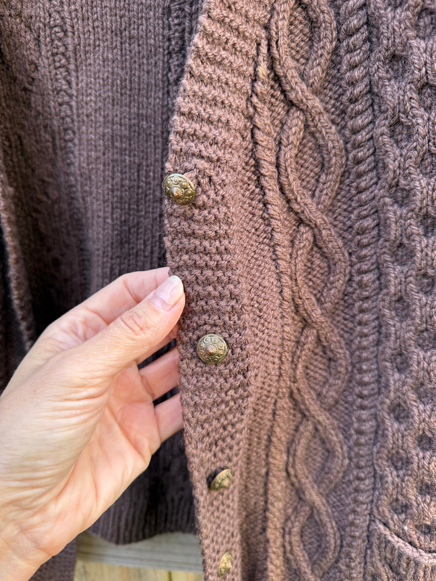 Vintage Hand-Knit Wool Cable Cardigan with Brass Buttons