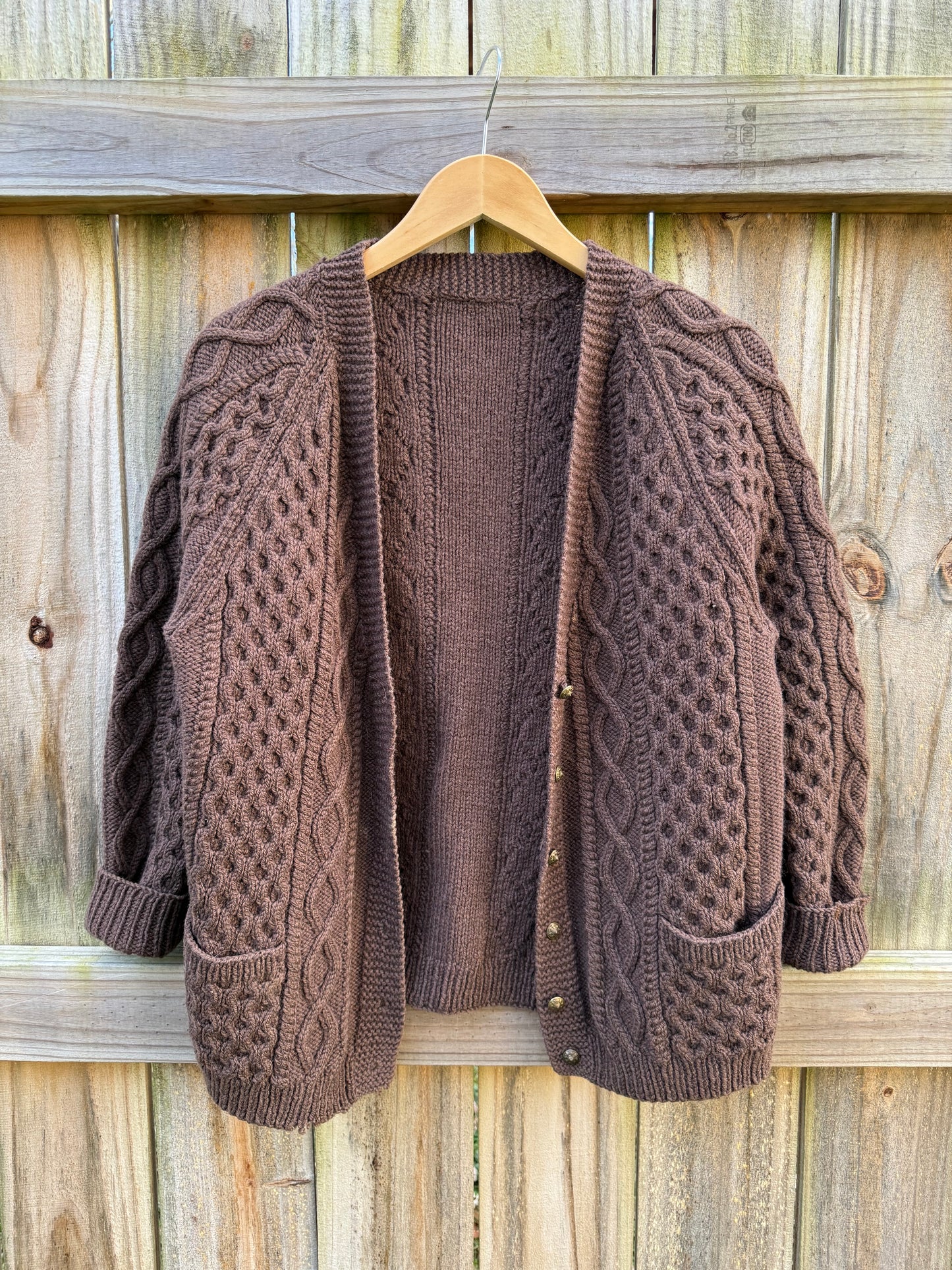 Vintage Hand-Knit Wool Cable Cardigan with Brass Buttons