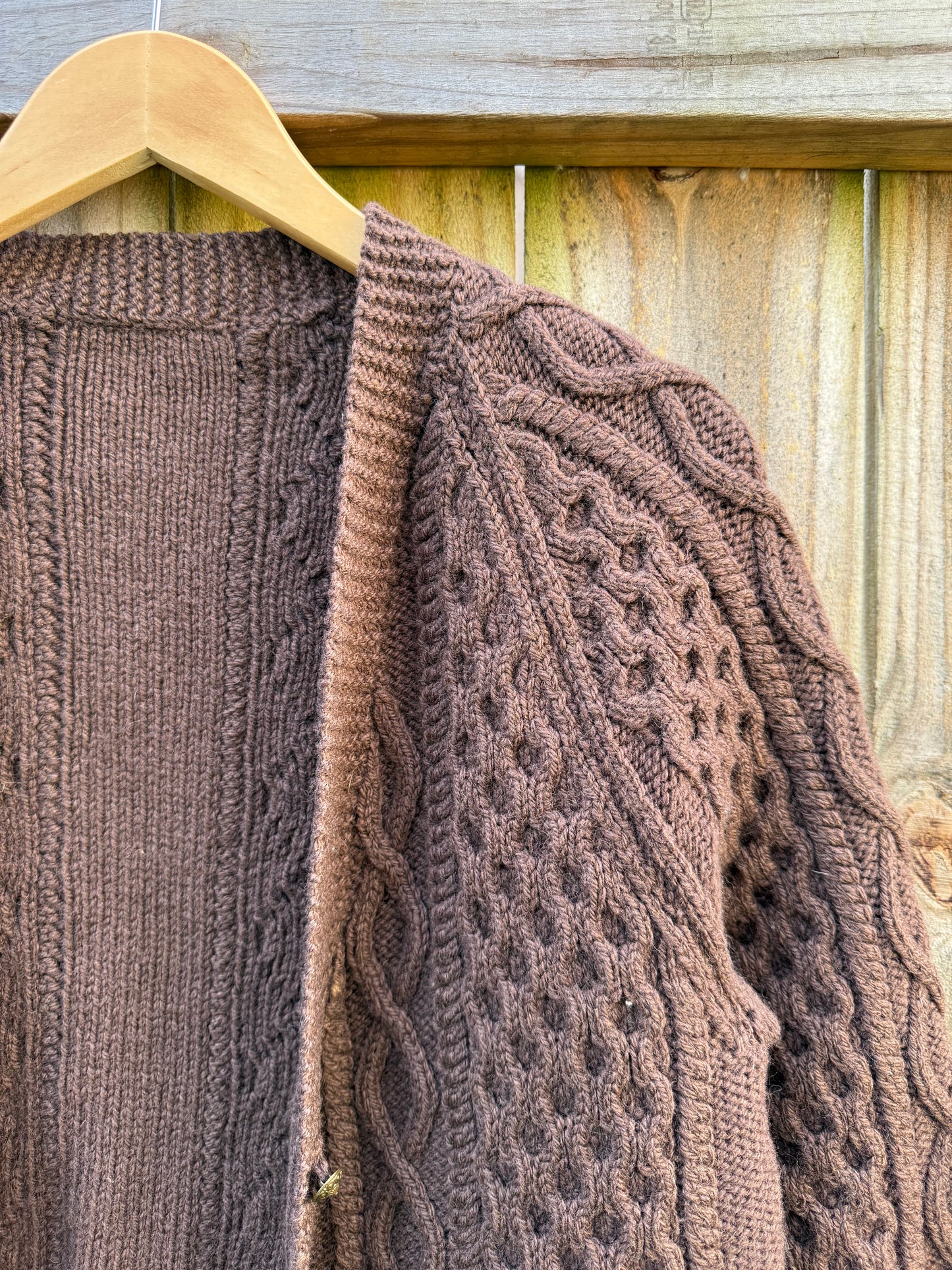 Vintage Hand-Knit Wool Cable Cardigan with Brass Buttons