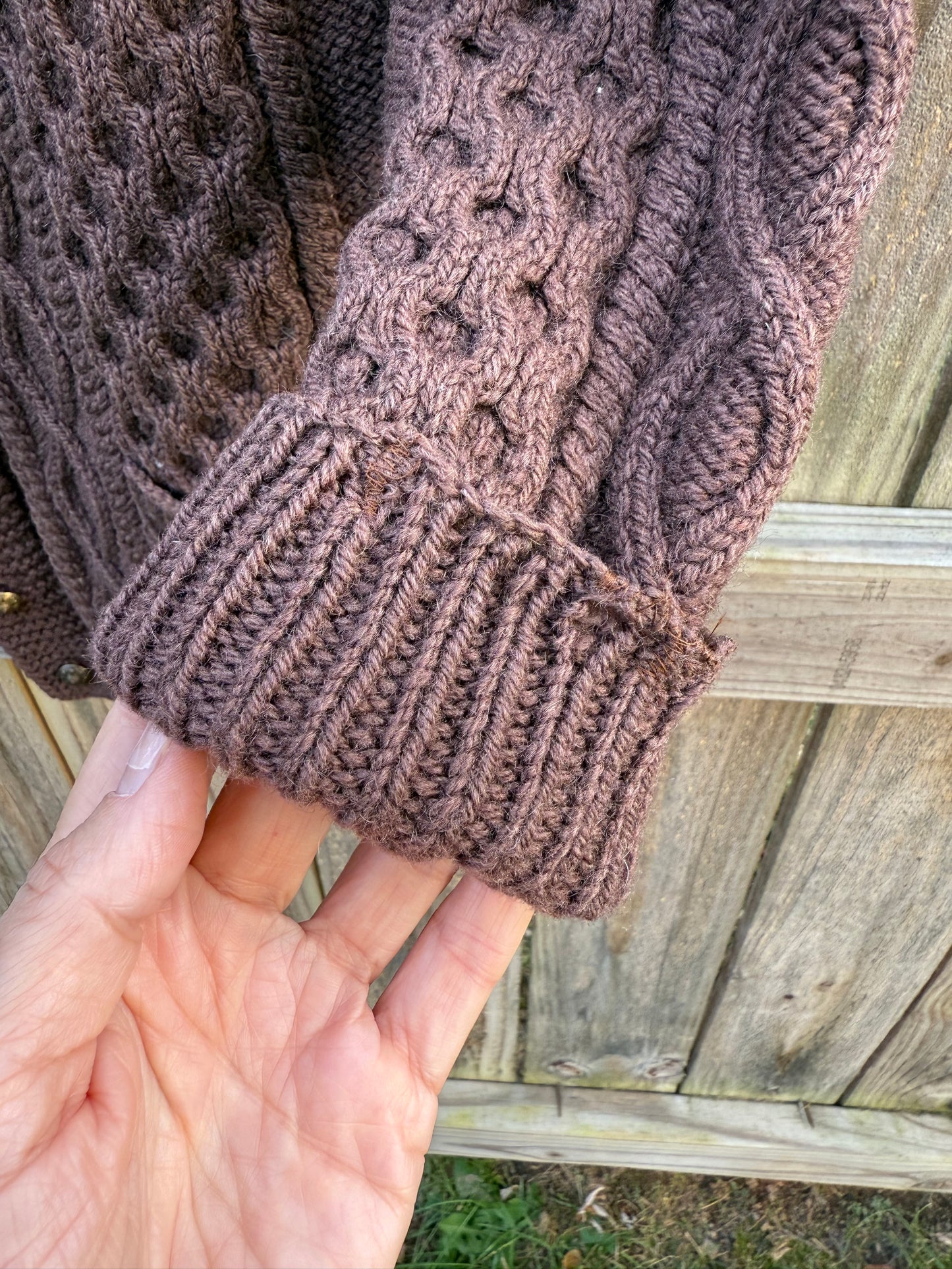 Vintage Hand-Knit Wool Cable Cardigan with Brass Buttons