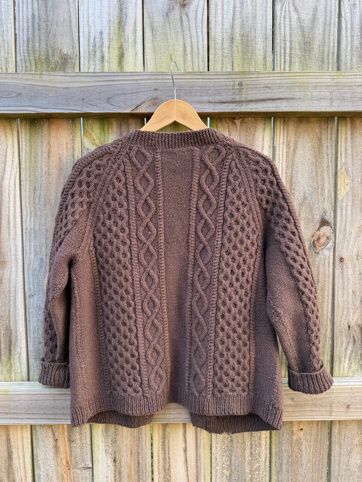 Vintage Hand-Knit Wool Cable Cardigan with Brass Buttons