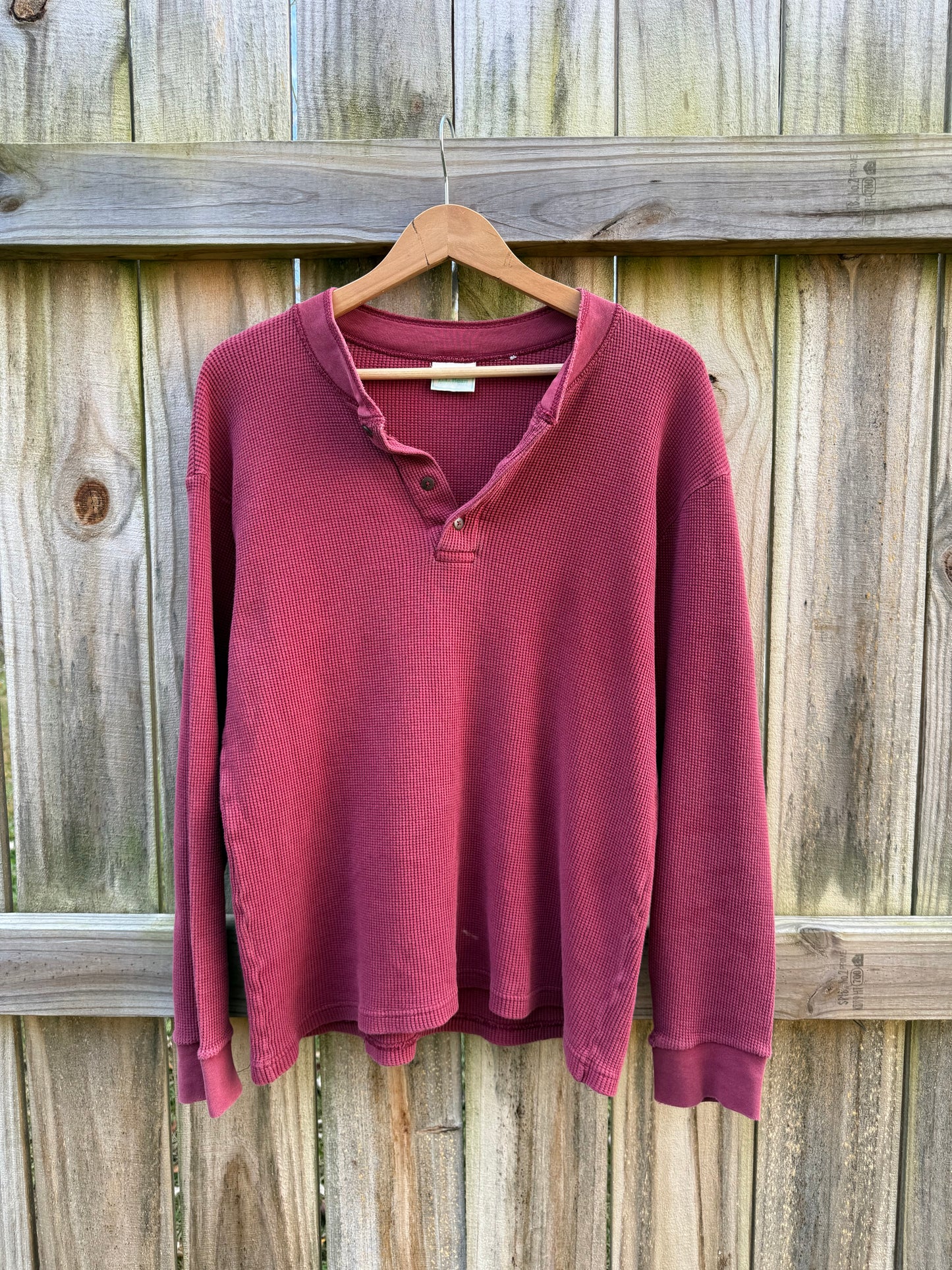 Red Vintage L.L. Bean Henley Waffle Knit Top Thermal Cranberry 90's