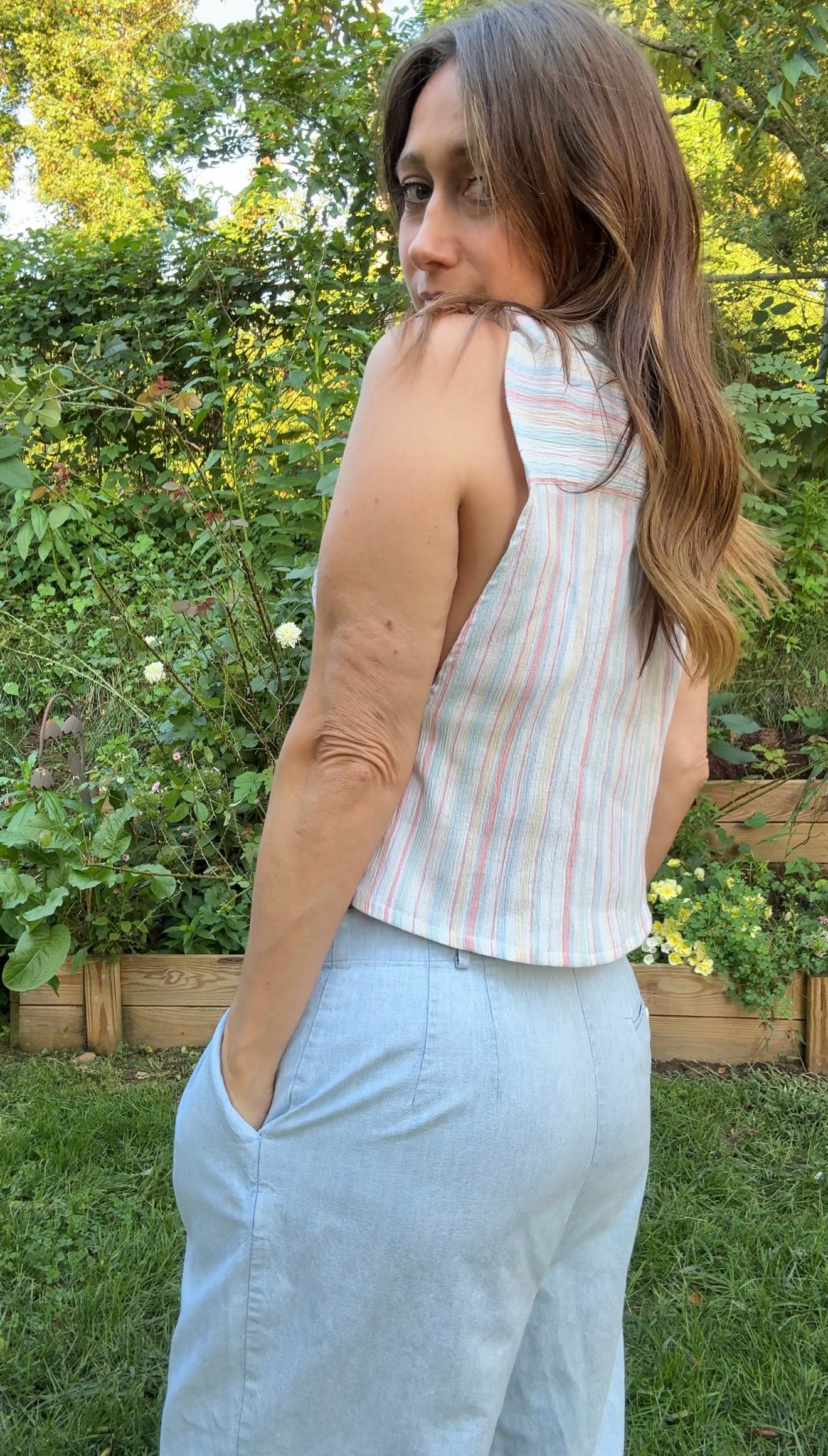 Sunday Honey Original Design — Striped Sleeveless Button-Down