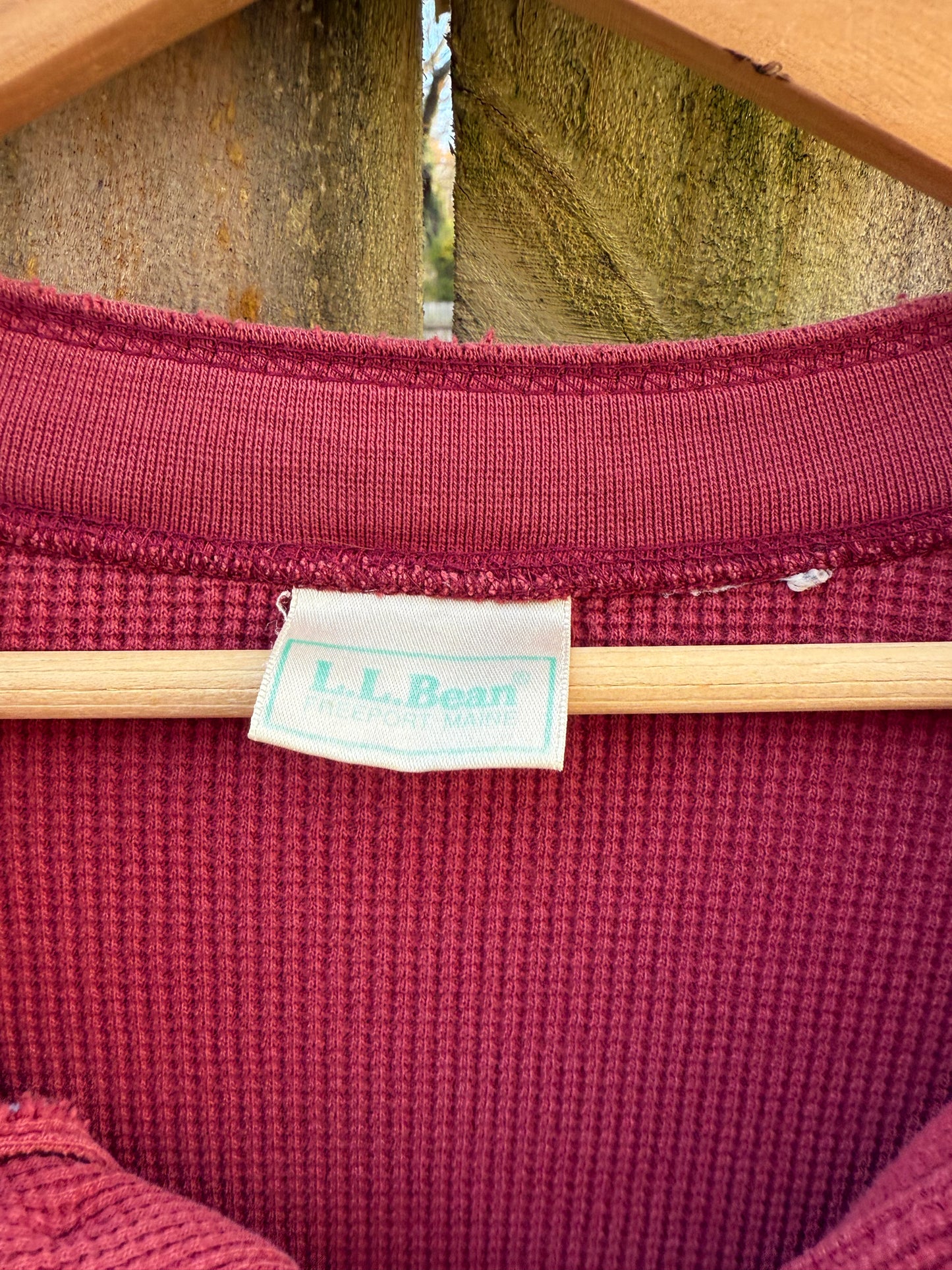 Red Vintage L.L. Bean Henley Waffle Knit Top Thermal Cranberry 90's