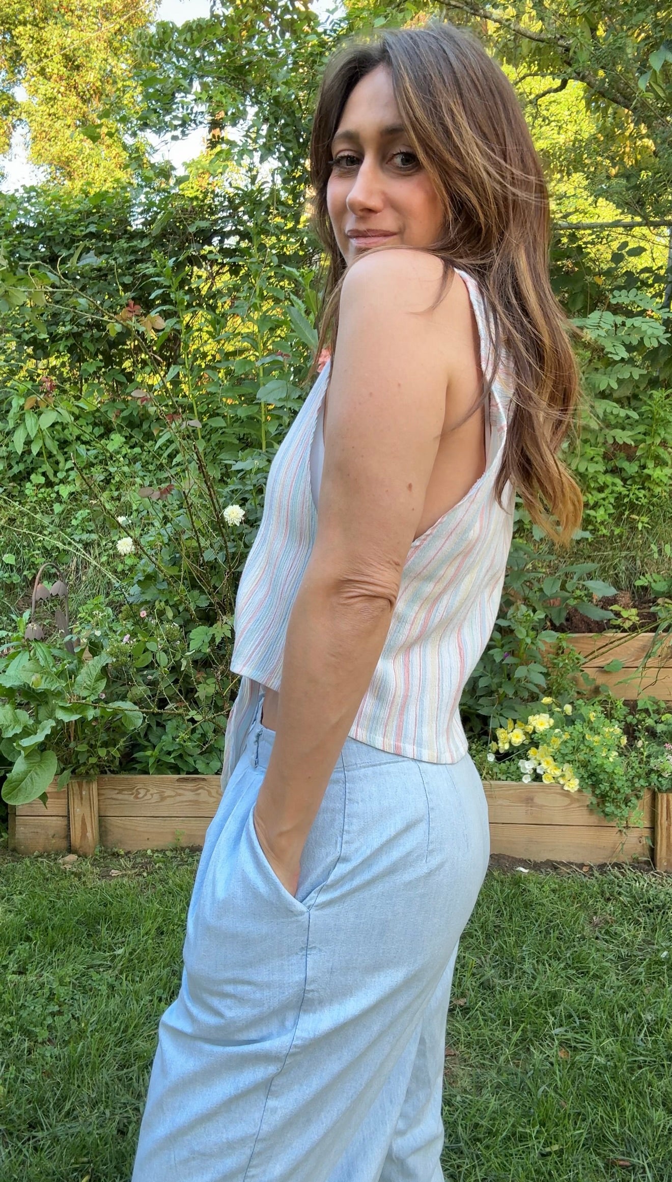 Sunday Honey Original Design — Striped Sleeveless Button-Down