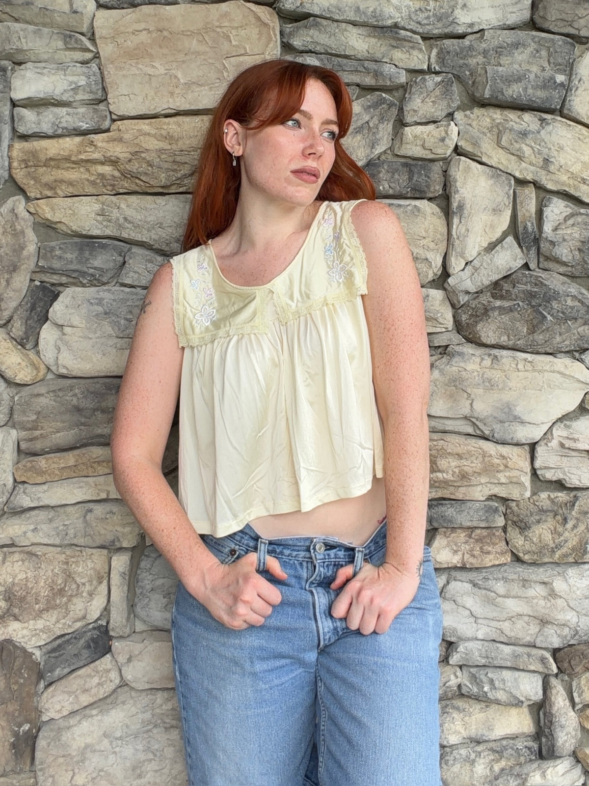 Reworked Vintage Buttercream Babydoll Top