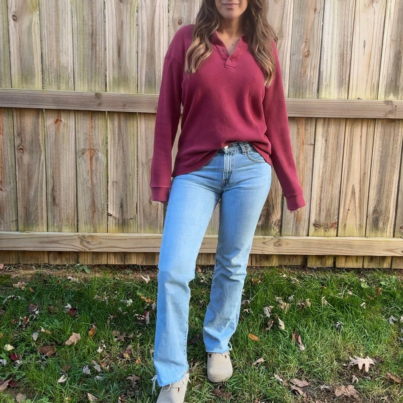 Red Vintage L.L. Bean Henley Waffle Knit Top Thermal Cranberry 90's