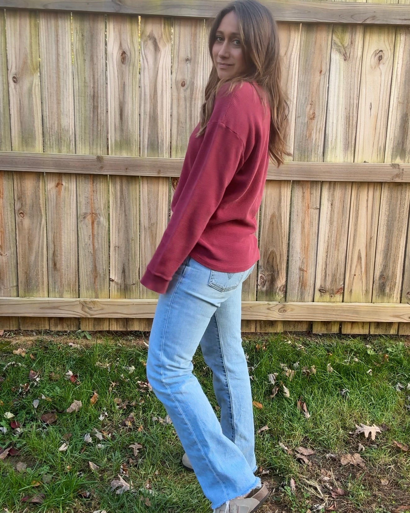 Red Vintage L.L. Bean Henley Waffle Knit Top Thermal Cranberry 90's