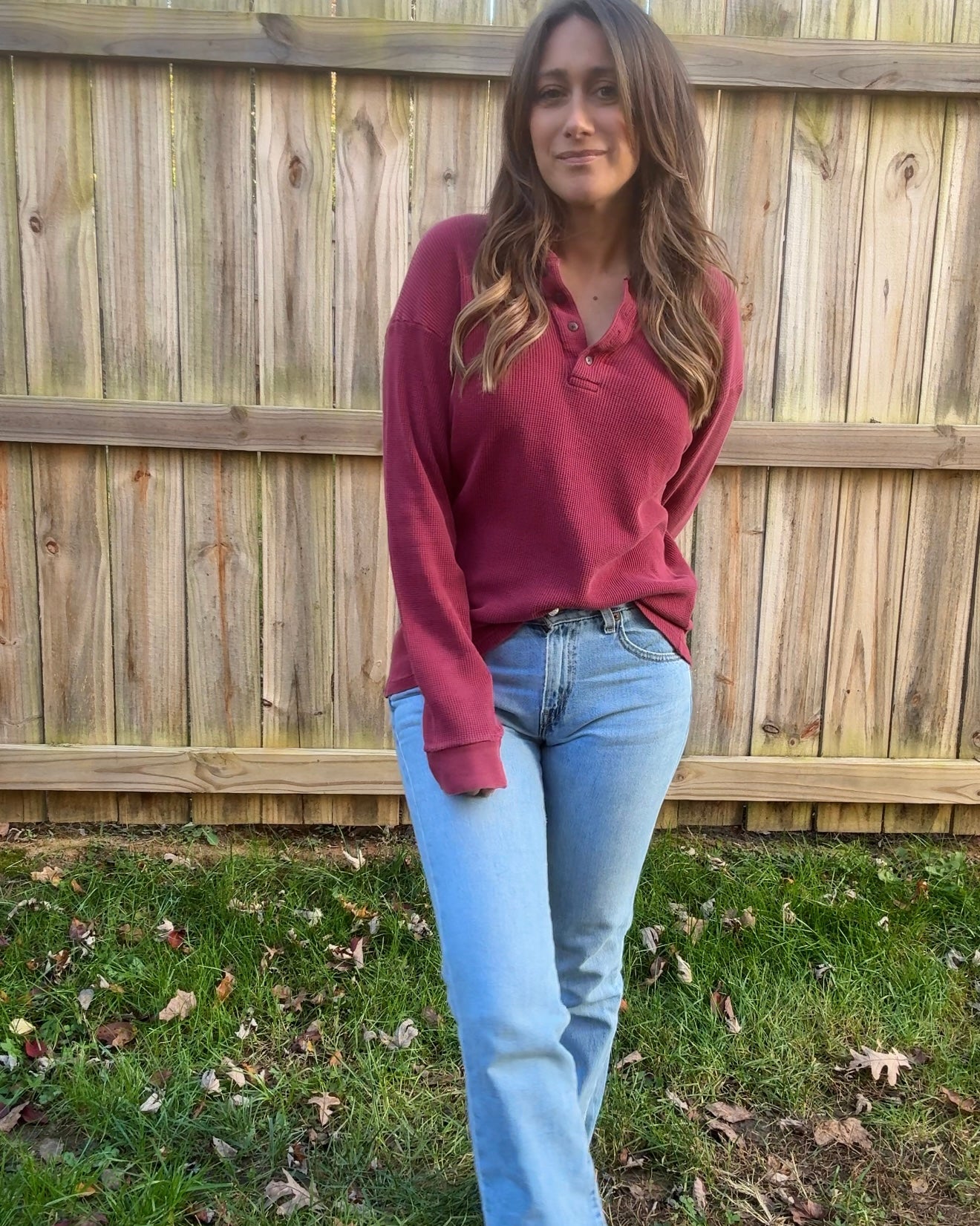 Red Vintage L.L. Bean Henley Waffle Knit Top Thermal Cranberry 90's