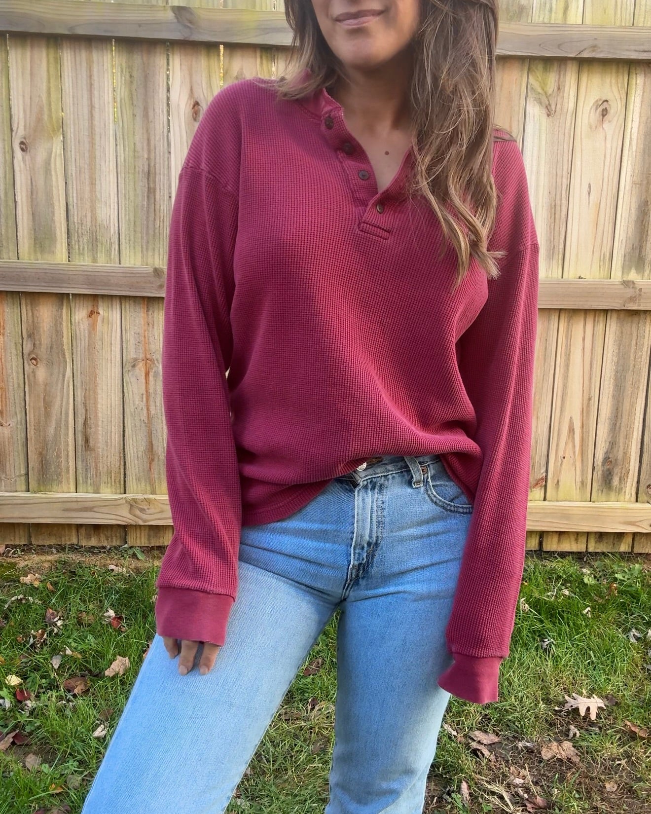 Red Vintage L.L. Bean Henley Waffle Knit Top Thermal Cranberry 90's