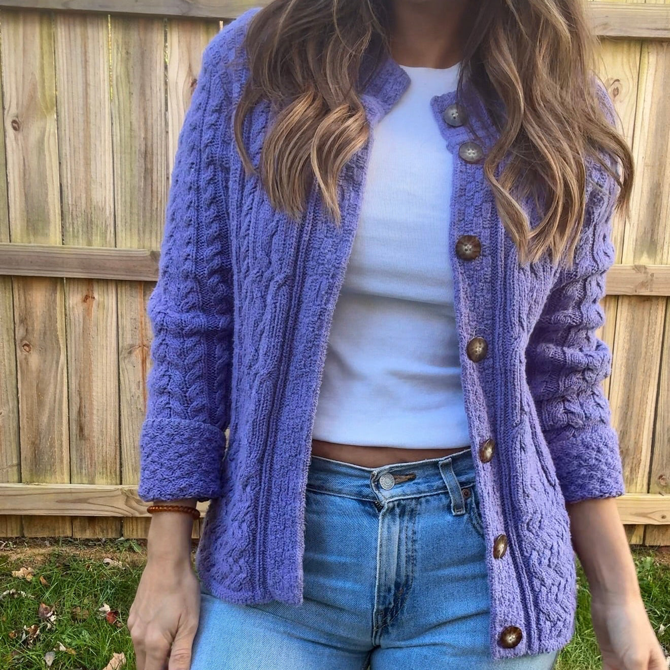 Vintage Periwinkle Cable-Knit Cardigan (Talbots, Made in USA) Purple Lavender
