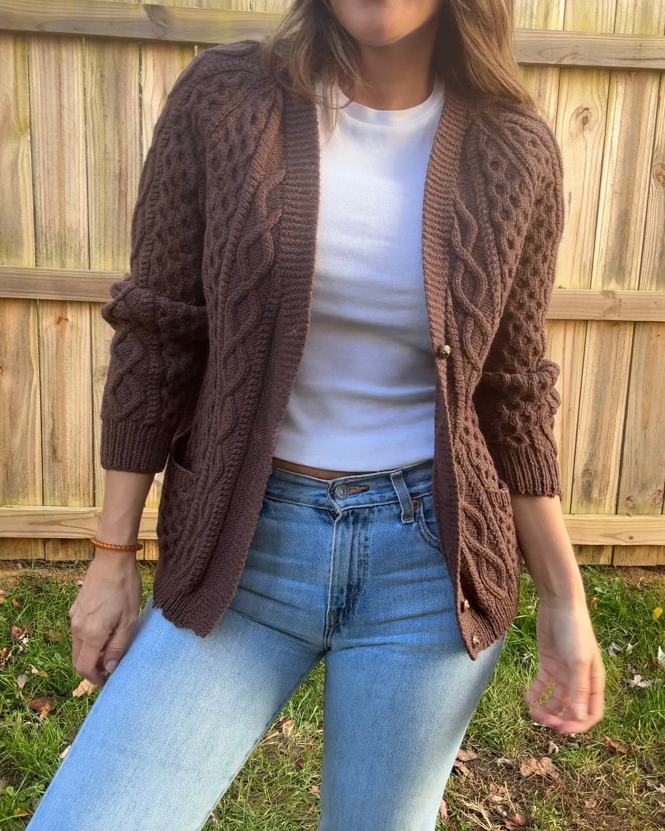 Vintage Hand-Knit Wool Cable Cardigan with Brass Buttons