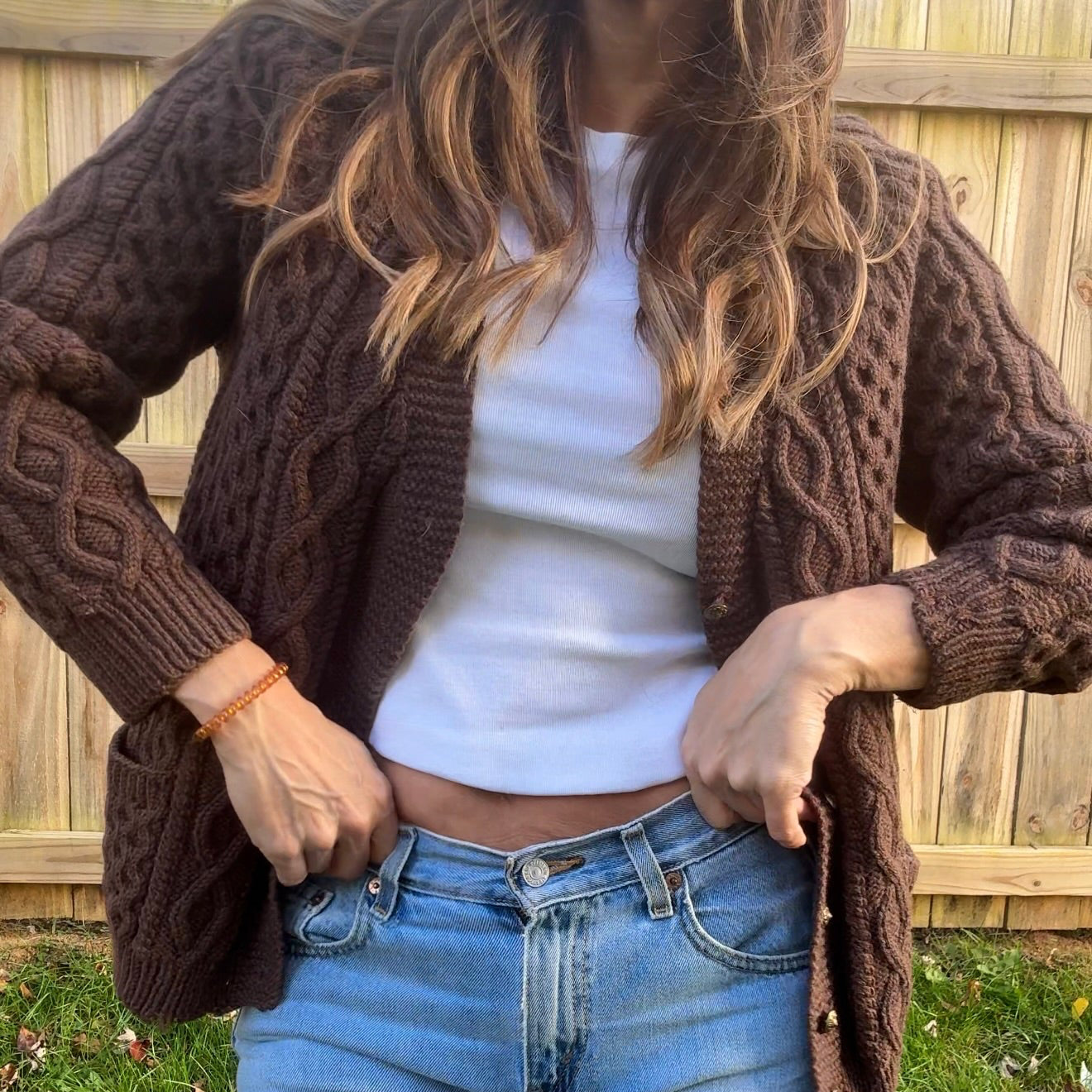 Vintage Hand-Knit Wool Cable Cardigan with Brass Buttons