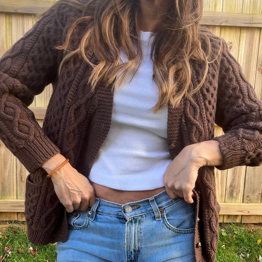 Vintage Hand-Knit Wool Cable Cardigan with Brass Buttons