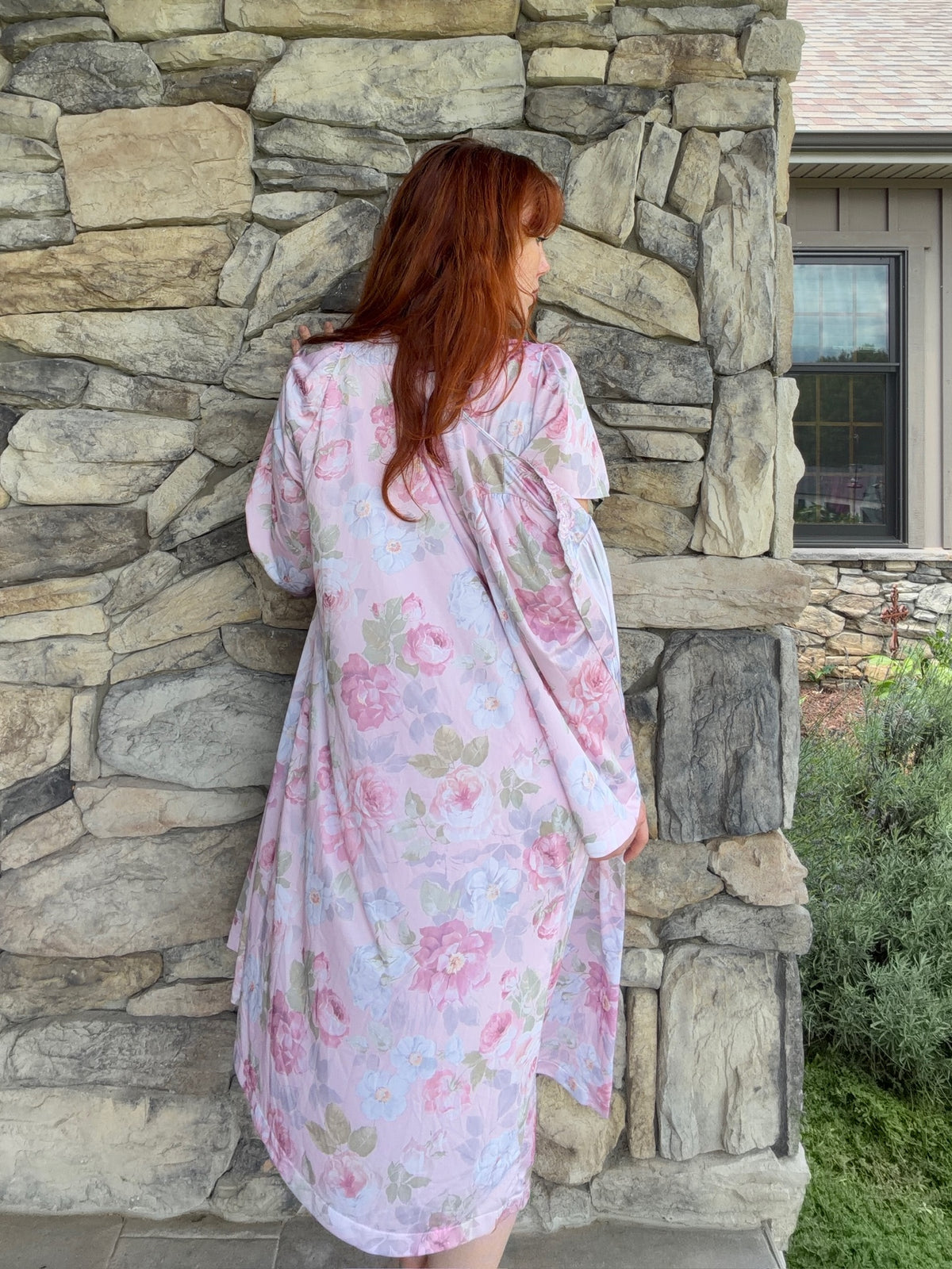 Reworked Vintage Shadowline Rosy Floral Nightgown &amp; Robe Set