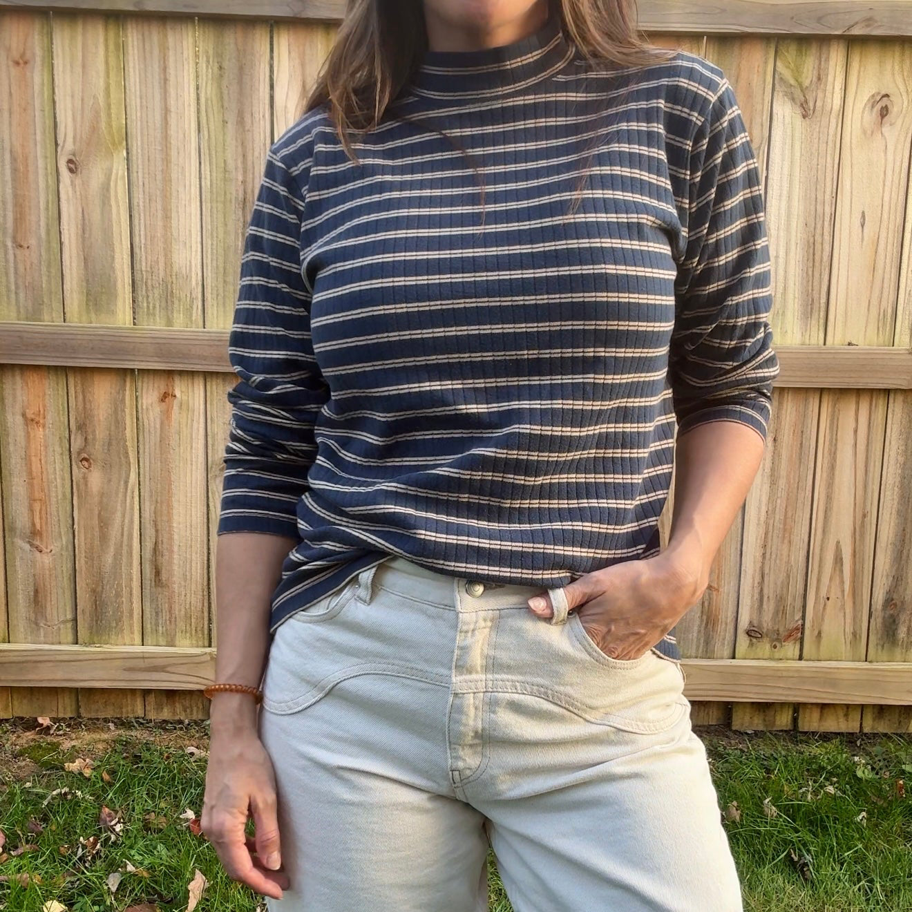 Vintage 90s Mountain Lake Ribbed Stripe Mockneck Tee