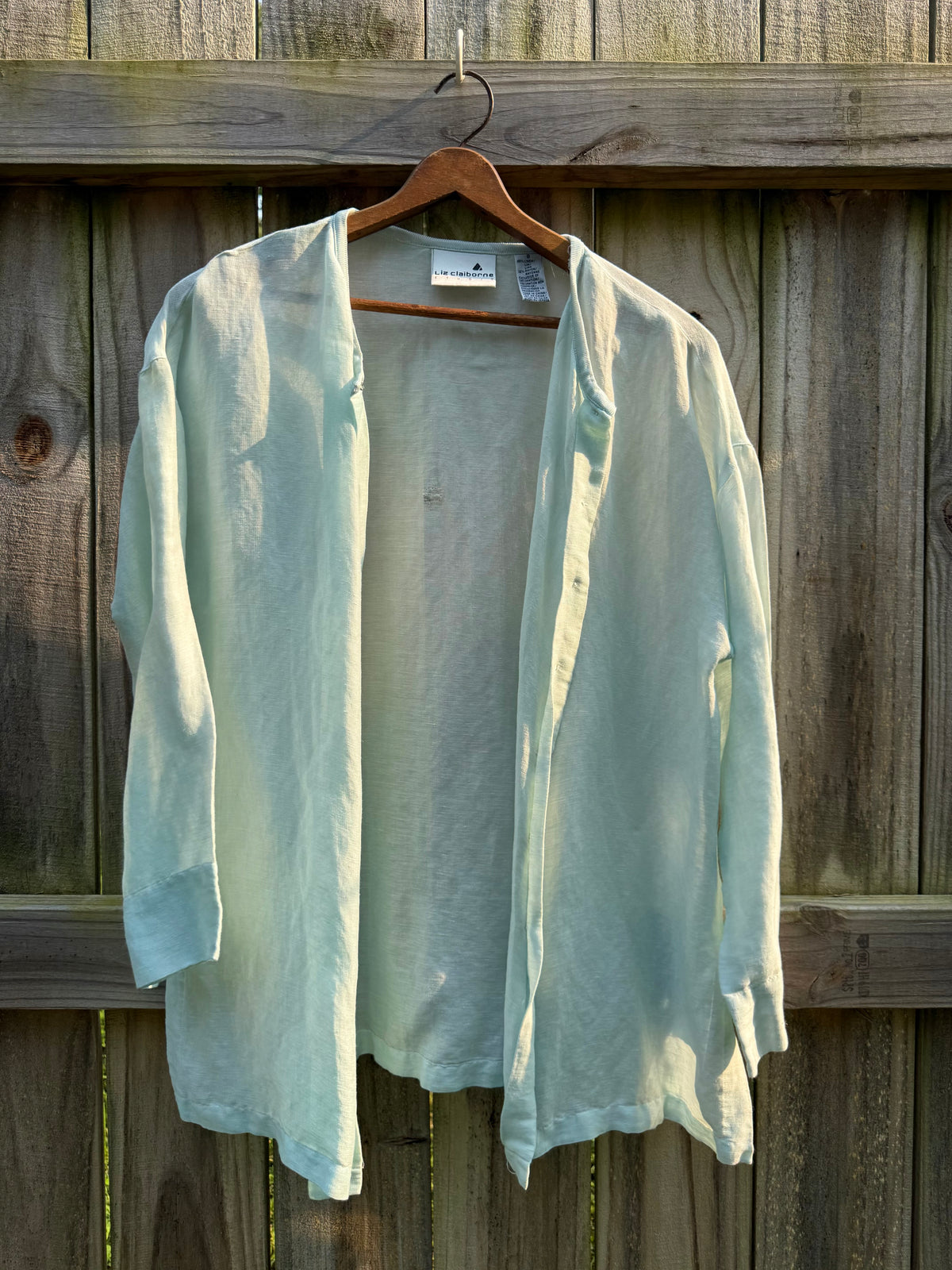 Liz Claiborne Hand Dyed Sea Glass Linen Blend Oversized Button Front Shirt