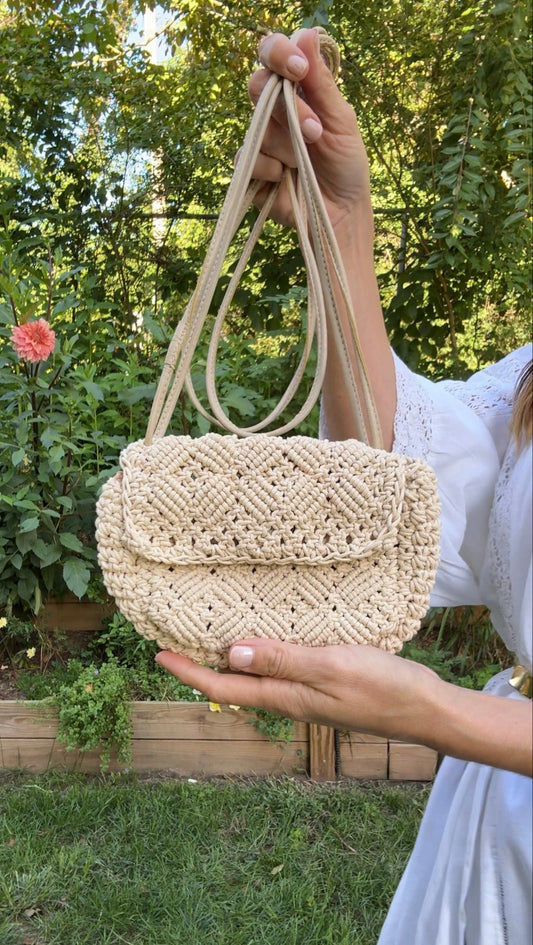 Cleobella Hand-Crochet Raffia Mini Bag with Leather Straps
