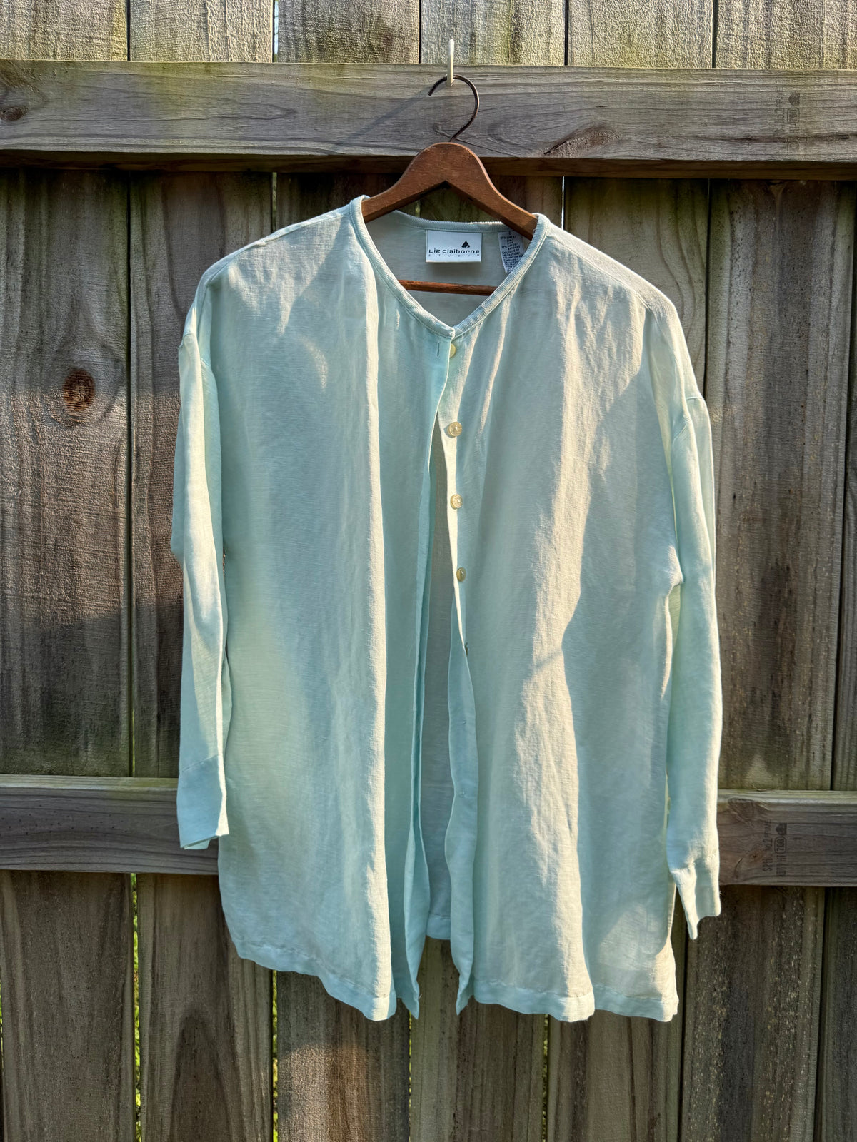 Liz Claiborne Hand Dyed Sea Glass Linen Blend Oversized Button Front Shirt