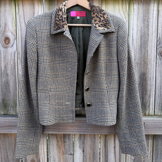 Vintage Ungaro Cropped Plaid Wool Jacket with Leopard Collar