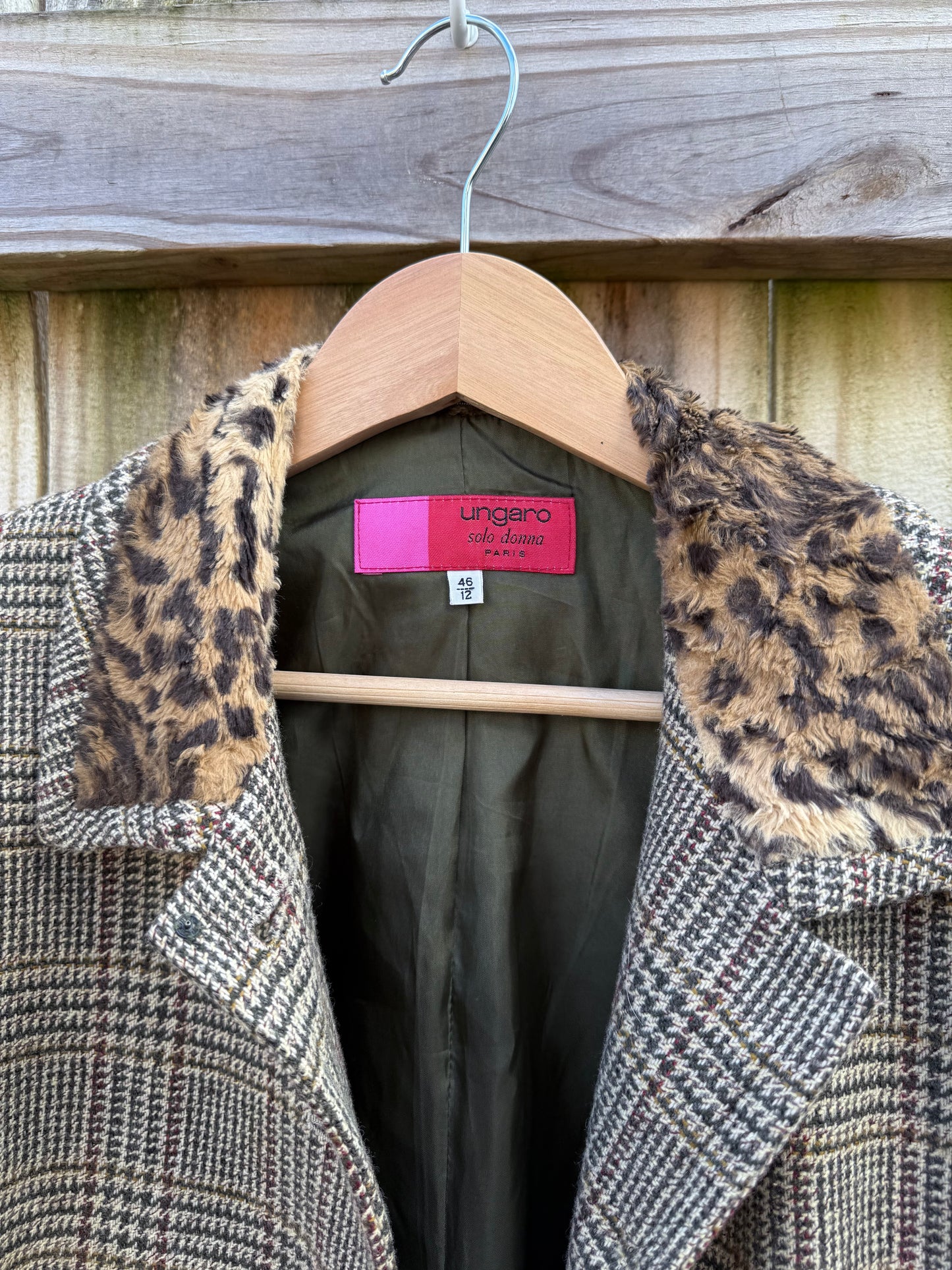 Vintage Ungaro Cropped Plaid Wool Jacket with Leopard Collar