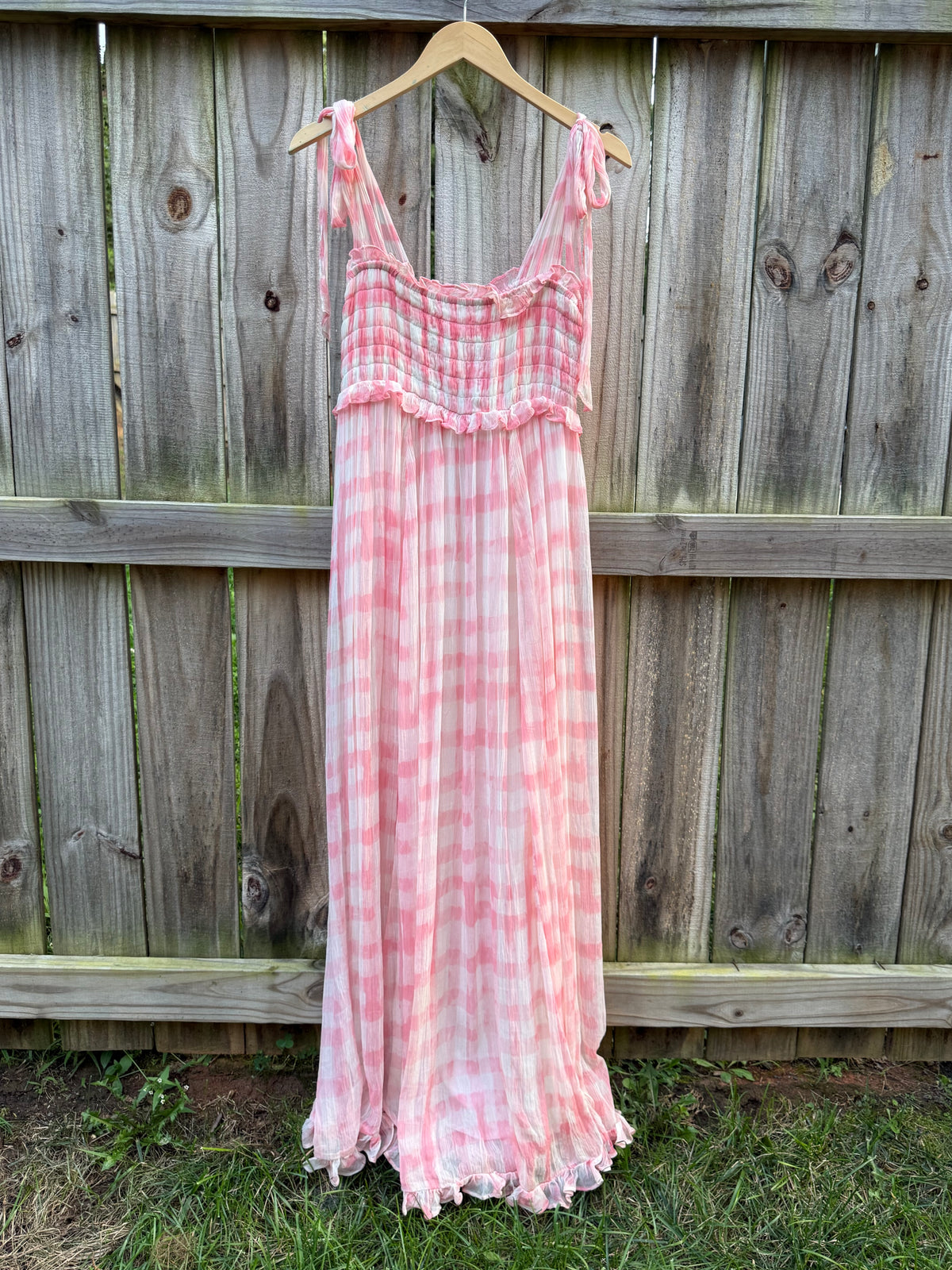 Free People Pink Gingham Smocked Maxi Dress