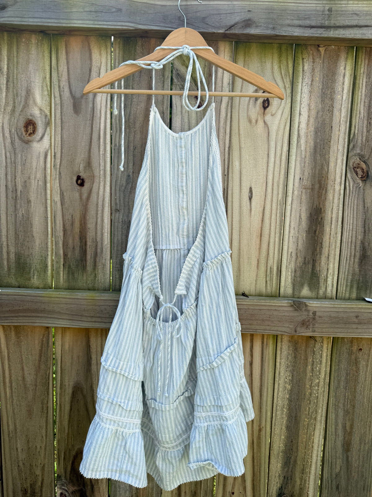 Free People Blue Stripe Cotton Open Back Halter Mini Dress M