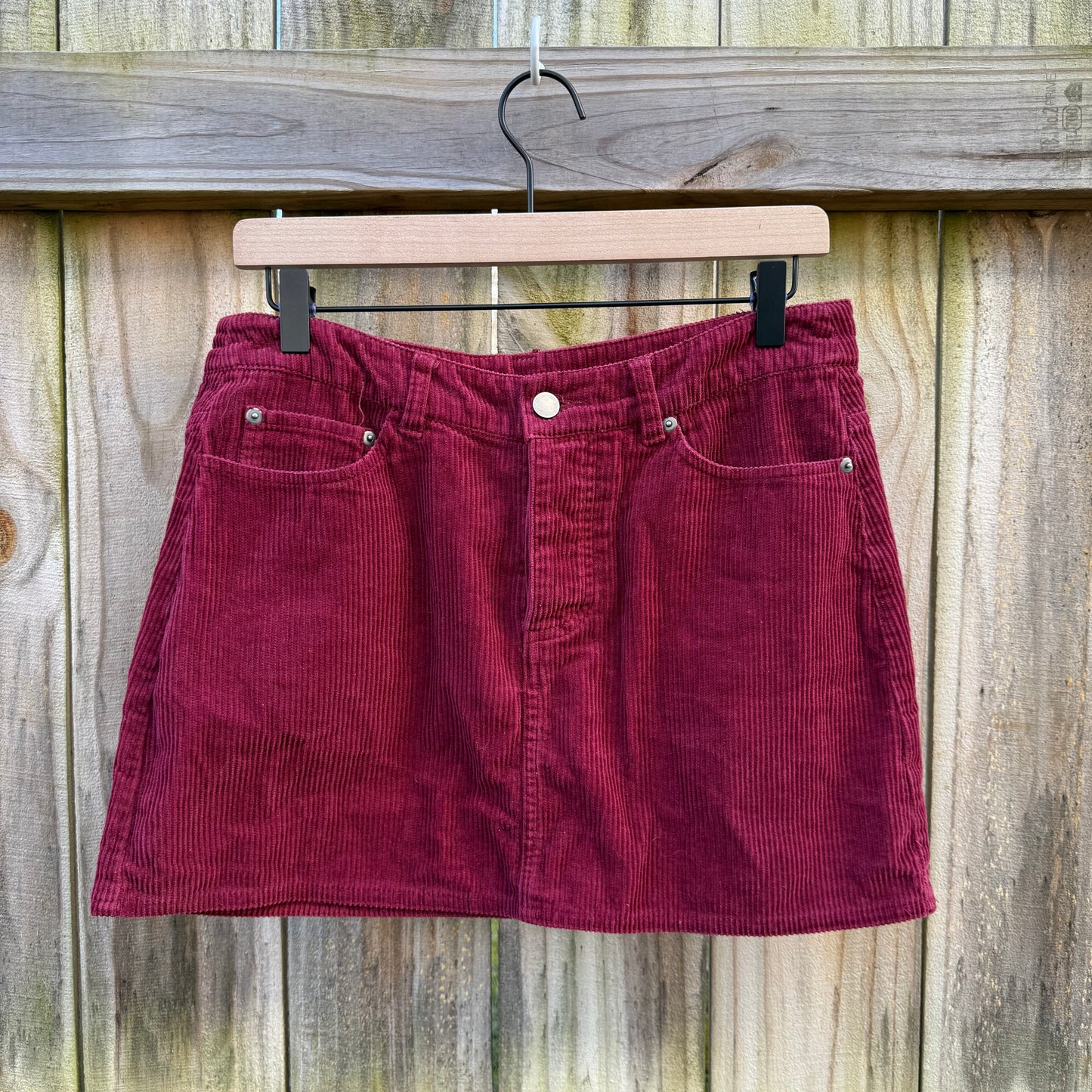 Burgundy Corduroy Mini Skirt • 90s Pocket Front A-Line