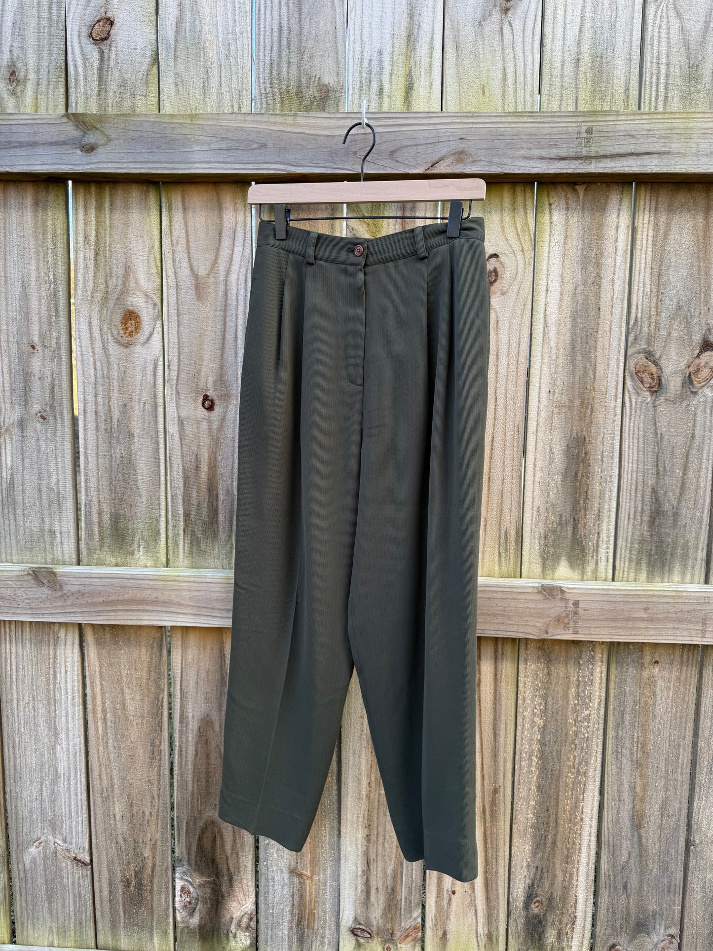 Vintage Olive Ribbed Tailored Trouser Pant High Waist Straight Leg