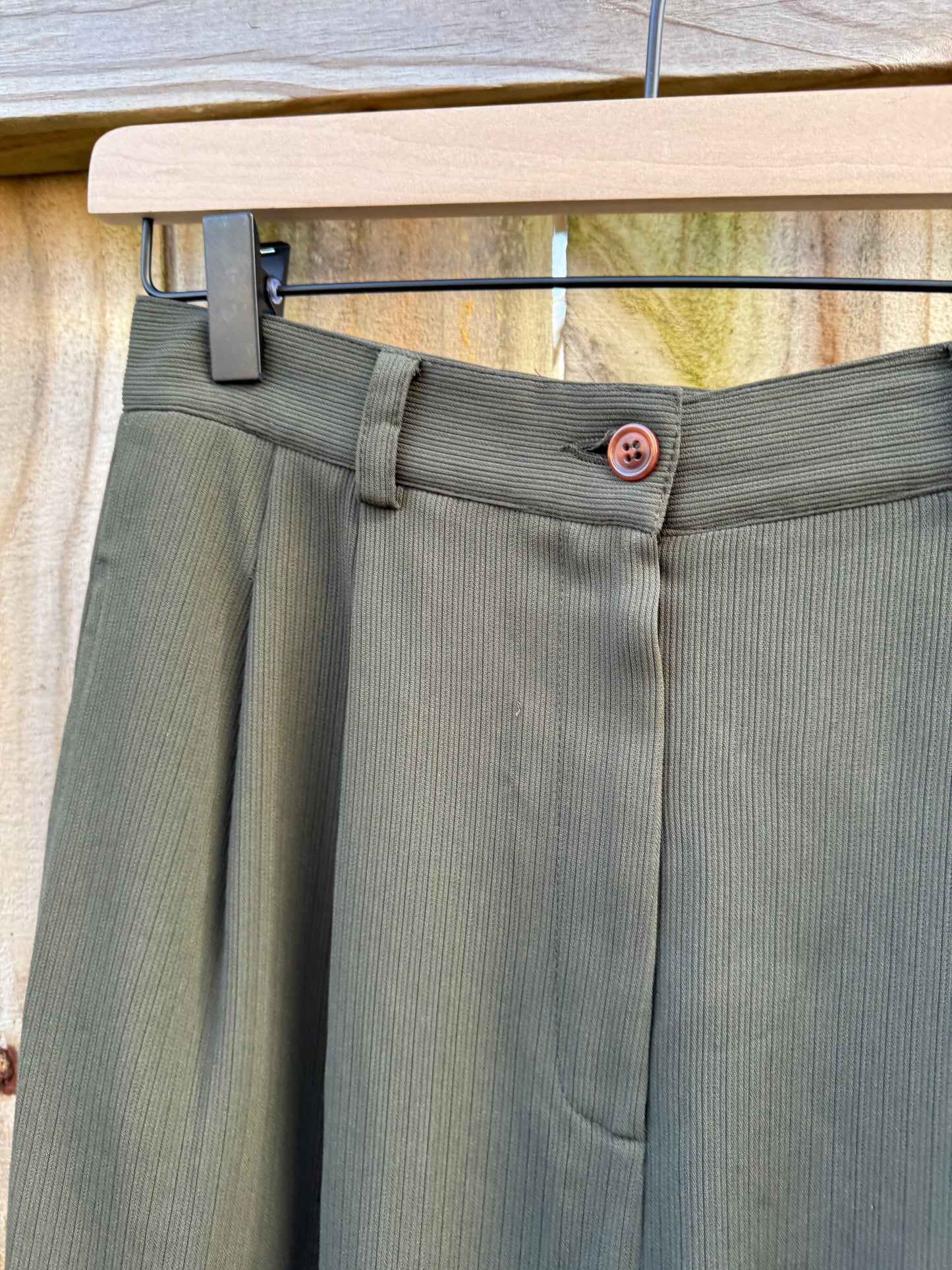 Vintage Olive Ribbed Tailored Trouser Pant High Waist Straight Leg