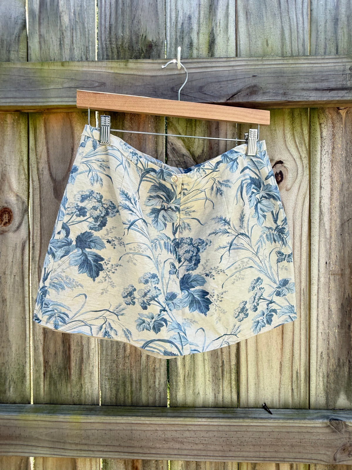 Talbots Silk-Linen Tan Blue Botanical Mini Skirt —  Reworked